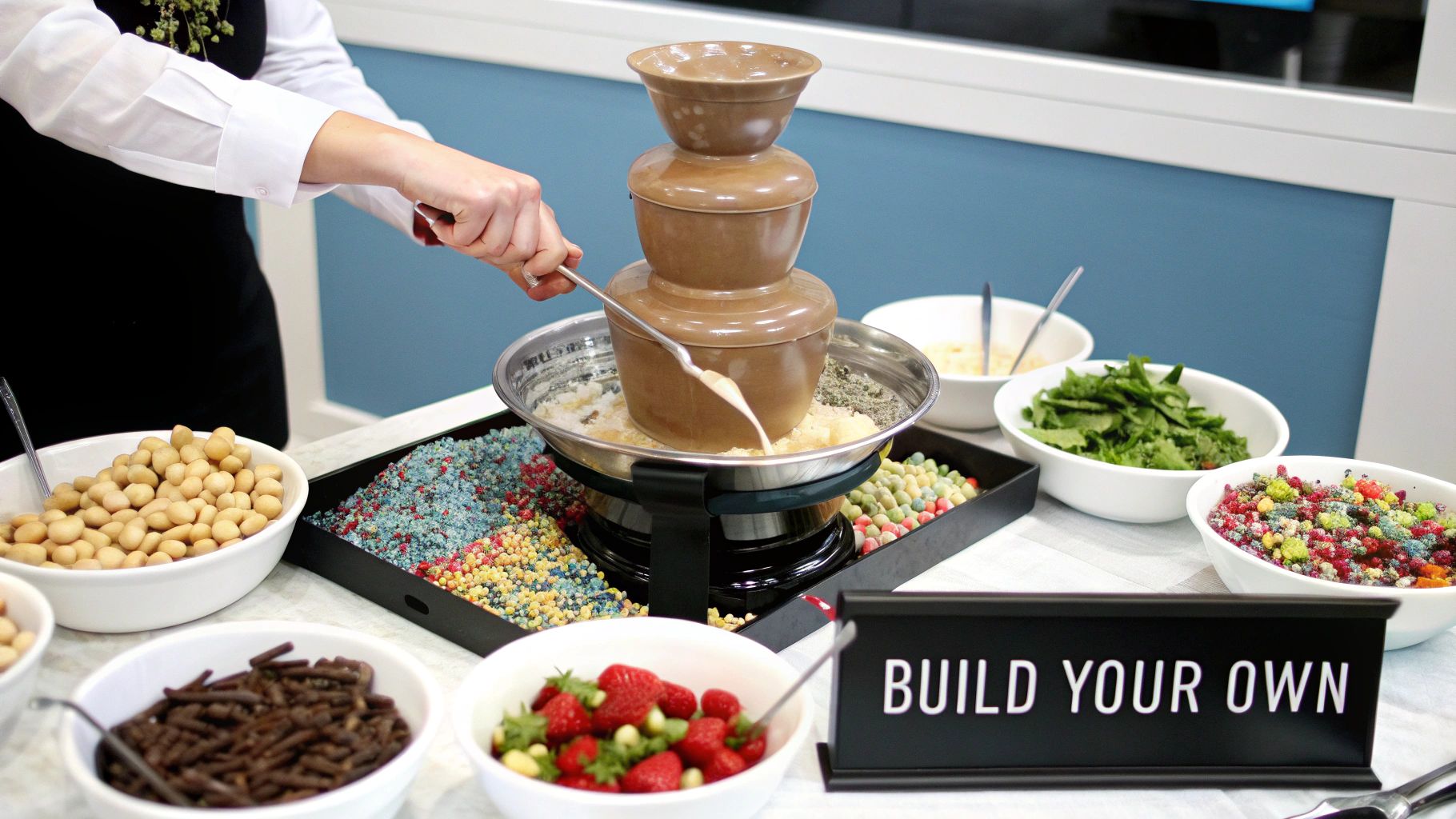 A person uses a multi-tiered chocolate fountain surrounded by bowls of colorful candies, nuts, and fresh strawberries.
