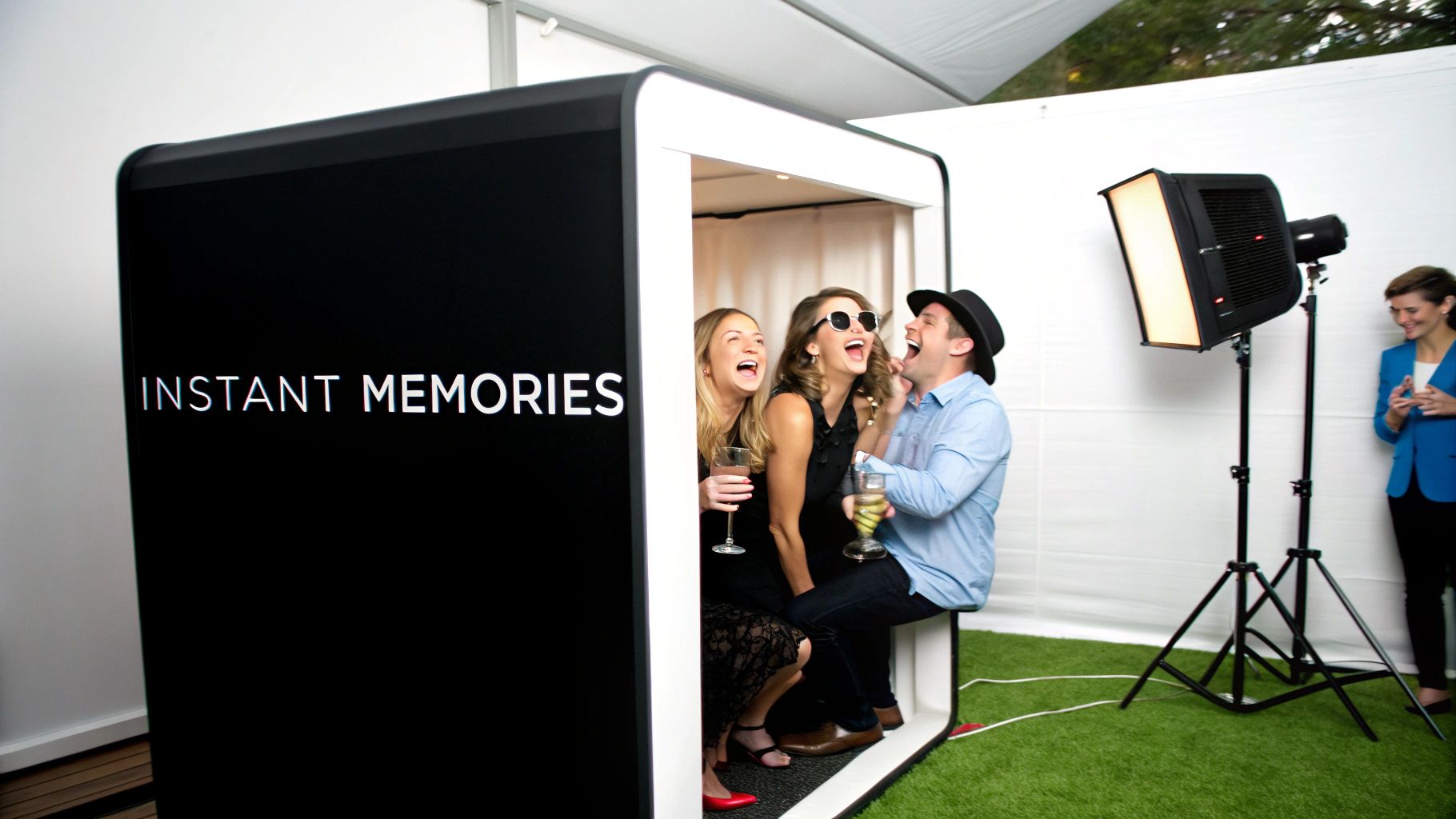 Three friends laugh joyfully inside a sleek black and white photo booth at an event.