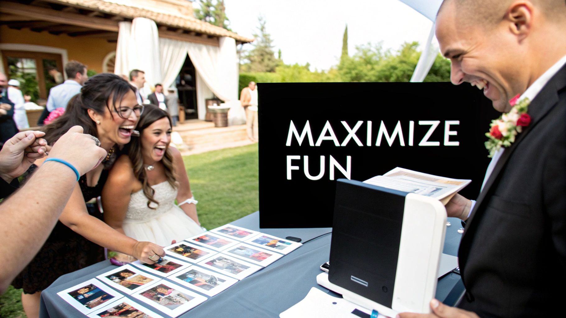 Two women laughing and posing inside a wedding photo booth, surrounded by festive lighting.