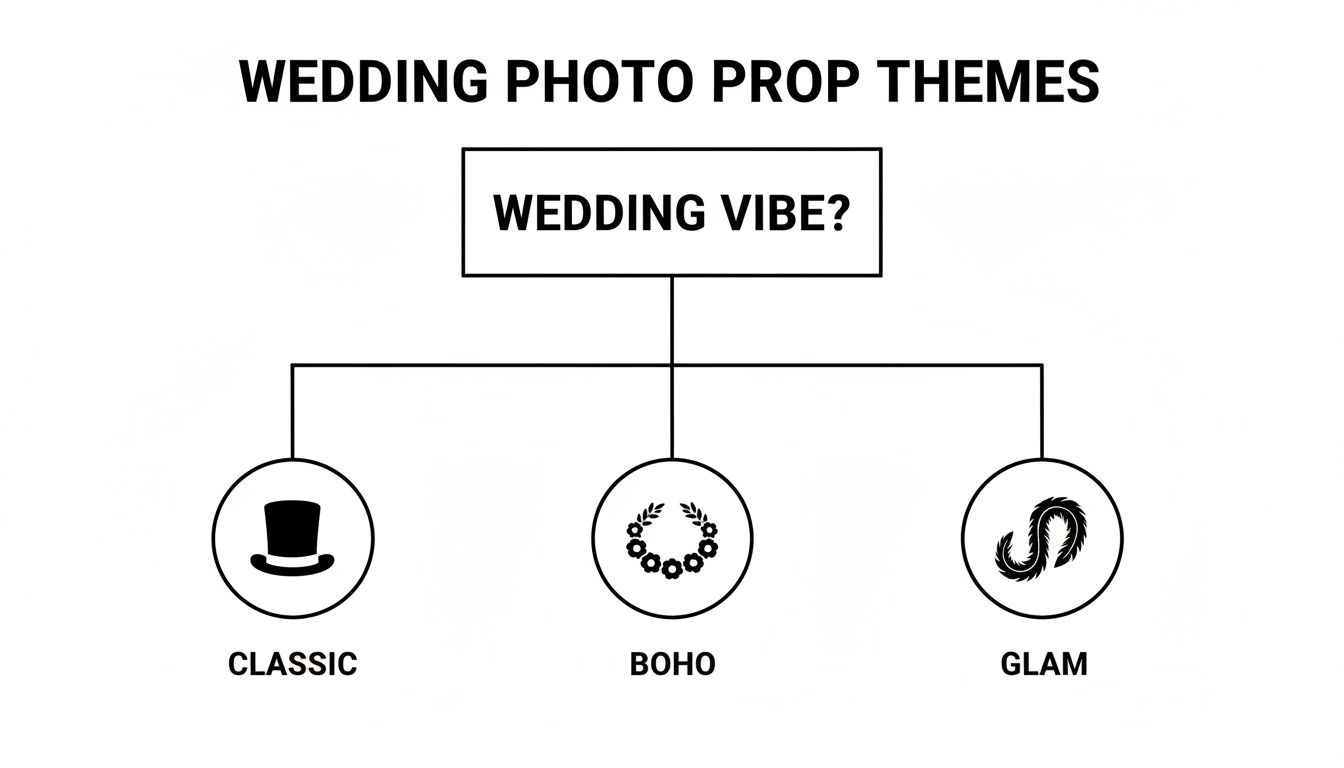 A flowchart showing wedding photo prop themes: Classic, Boho, and Glam, based on wedding vibe.
