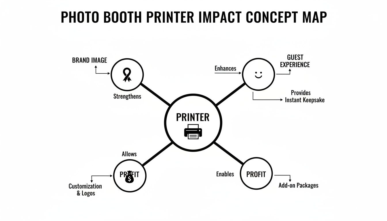 Concept map illustrating the impact of a photo booth printer on brand image, guest experience, and profit.