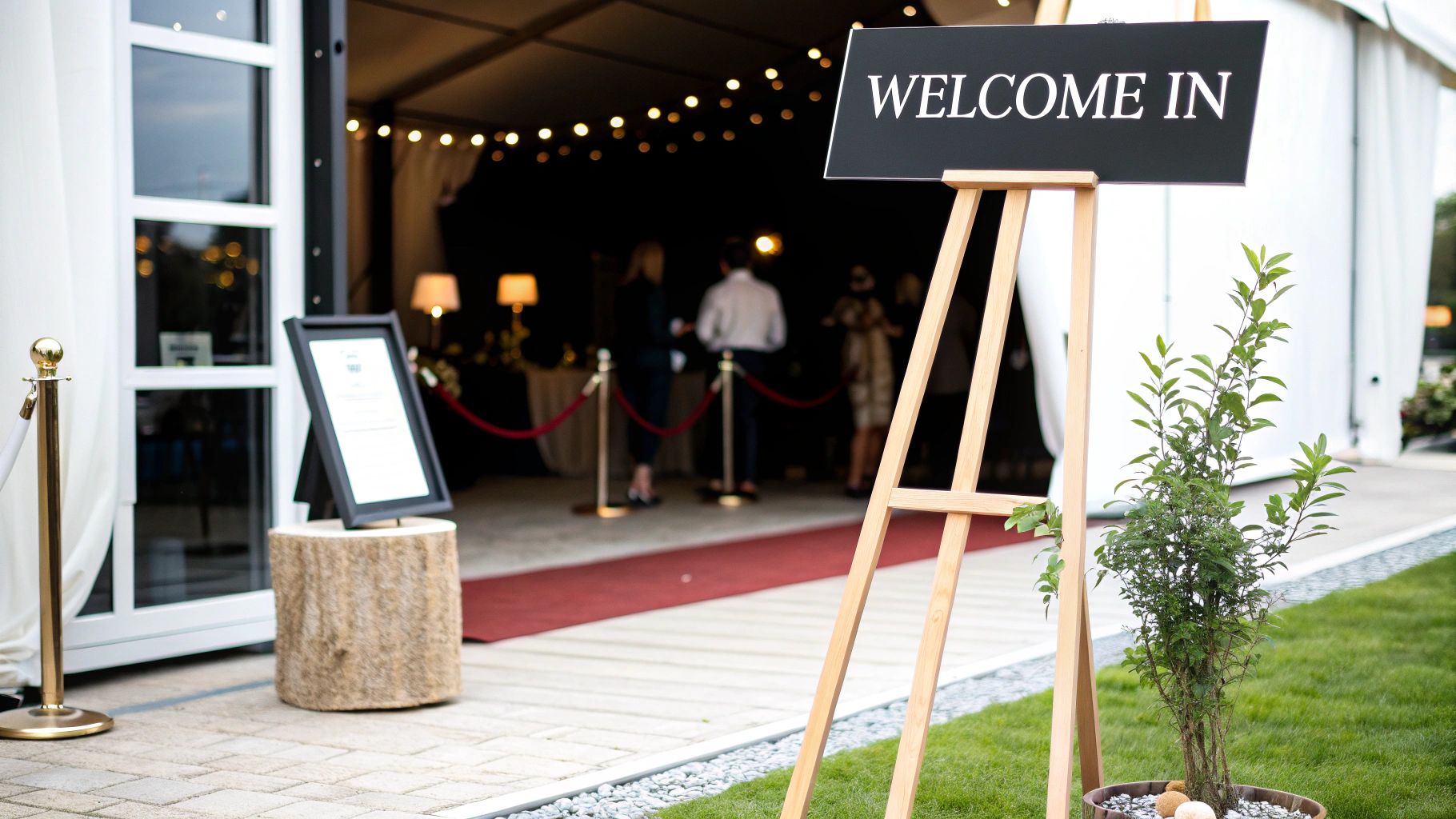 A black 'WELCOME IN' sign on a wooden easel at a festive event entrance with a red carpet.