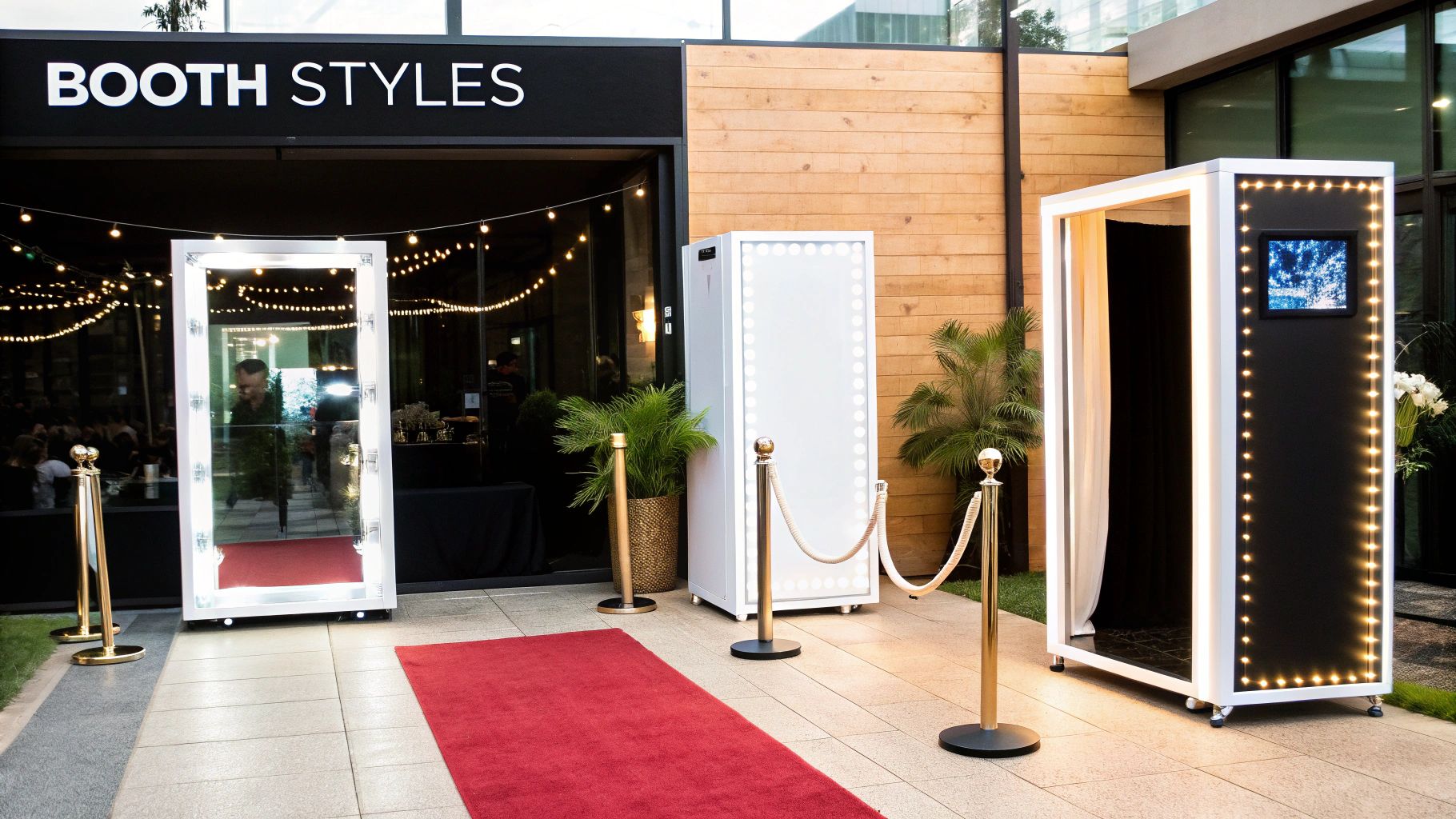 A stylish open-air photo booth setup at an event