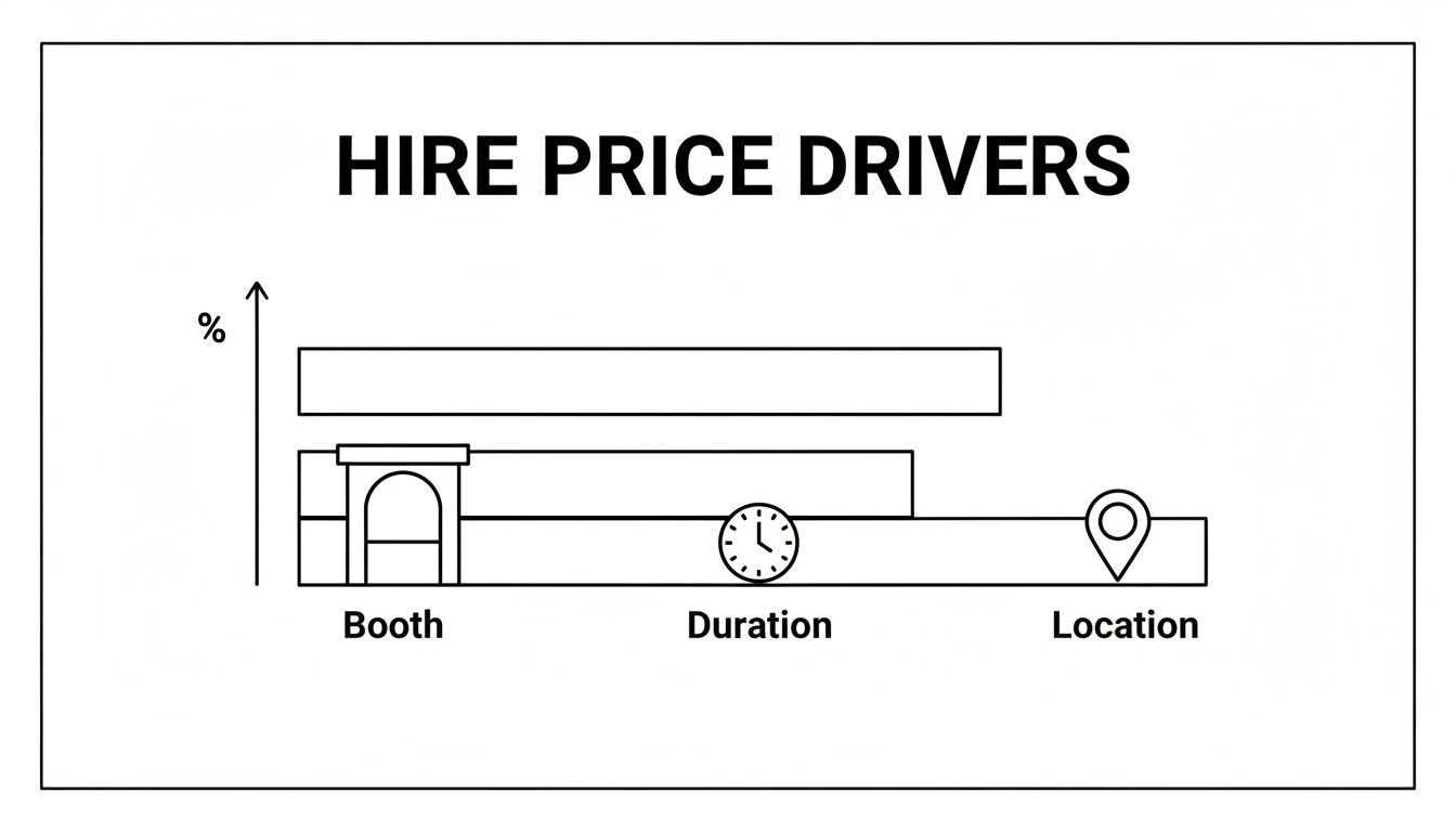 A bar chart titled 'Hire Price Drivers' showing 'Booth', 'Duration', and 'Location' as factors.