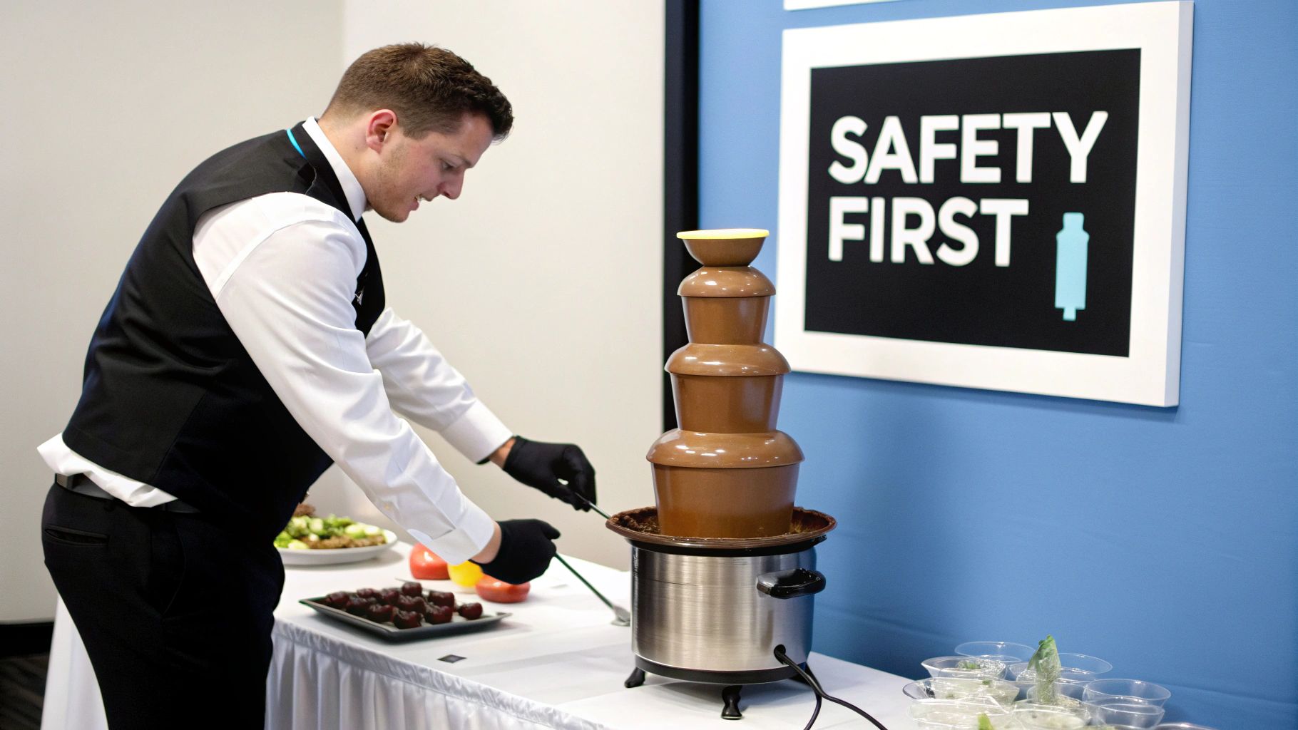 A catering staff member in uniform serving items at a chocolate fountain display.
