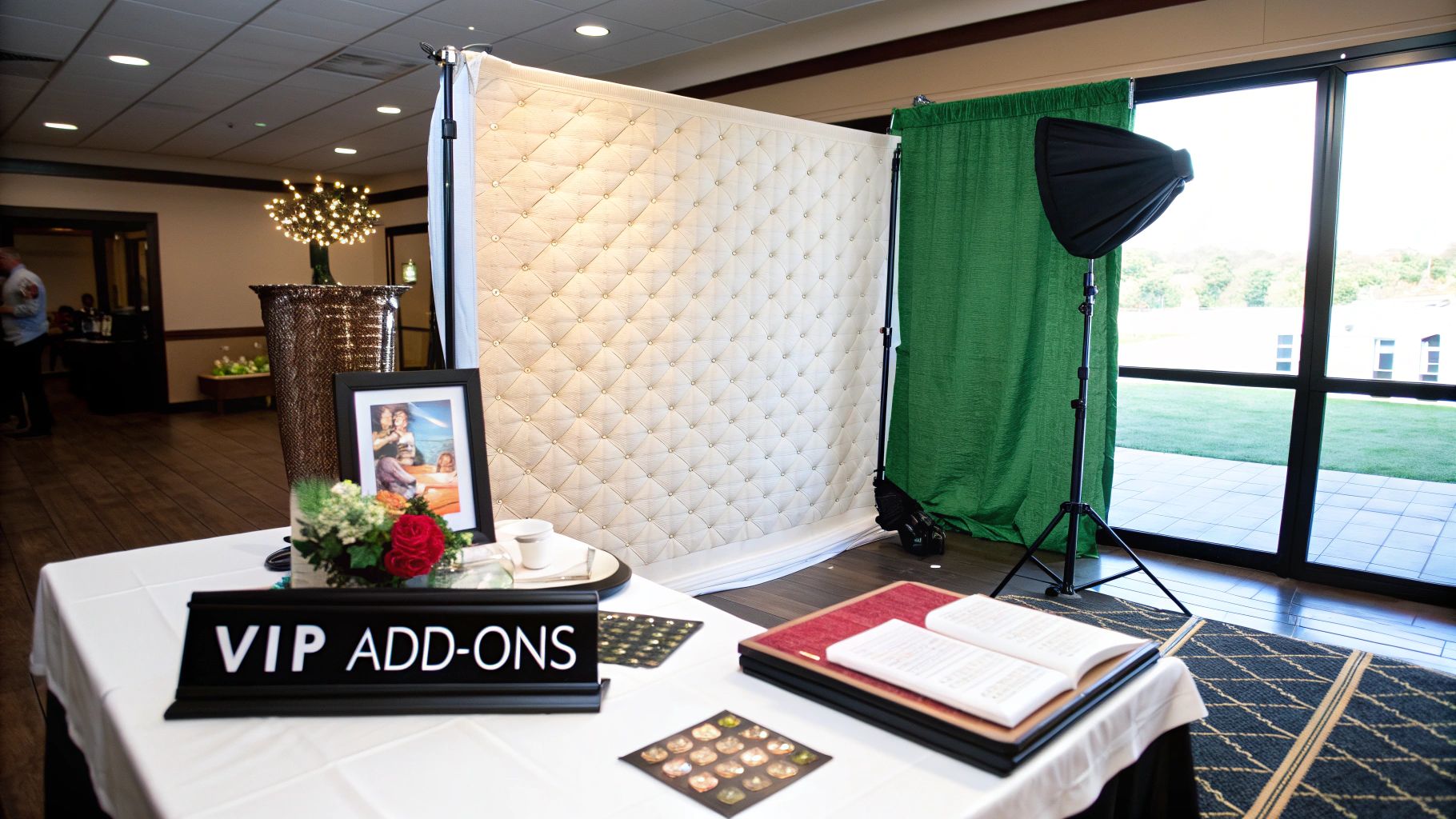 Event photo booth setup with white quilted backdrop, green screen, softbox light, and VIP add-ons table.