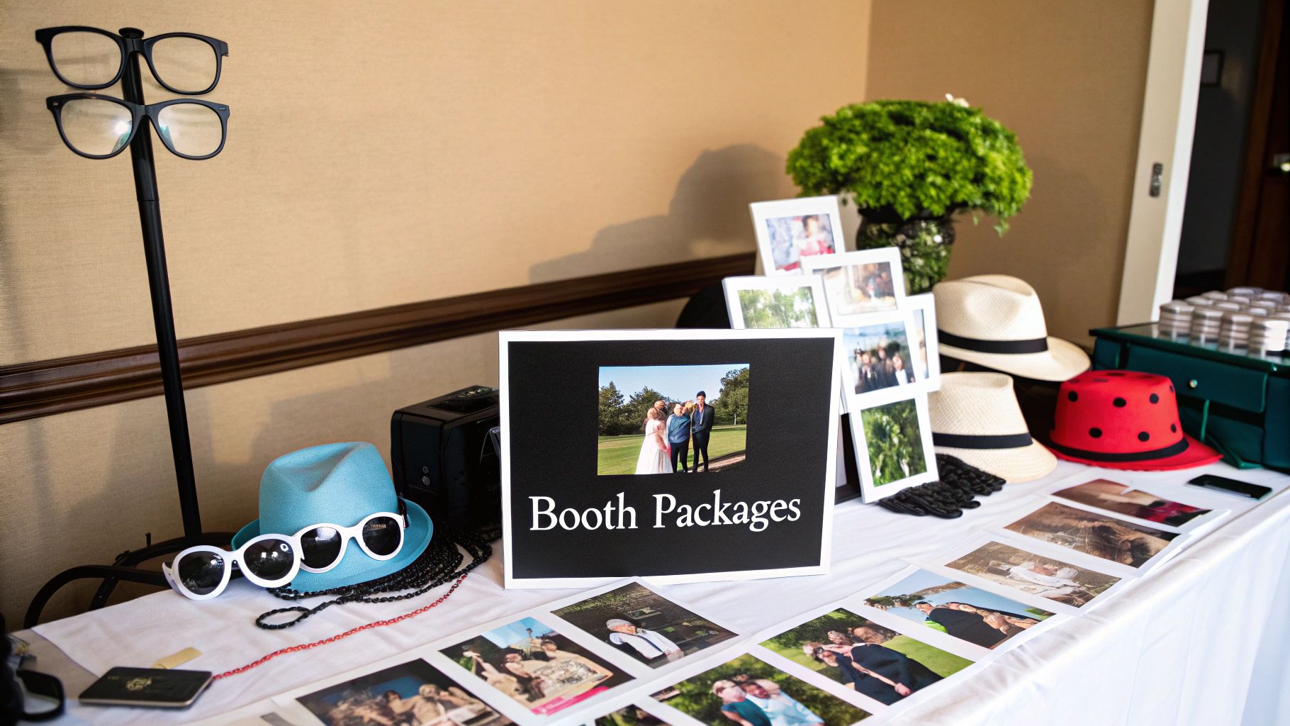 Guests excitedly choosing from a variety of fun props at a wedding photo booth.
