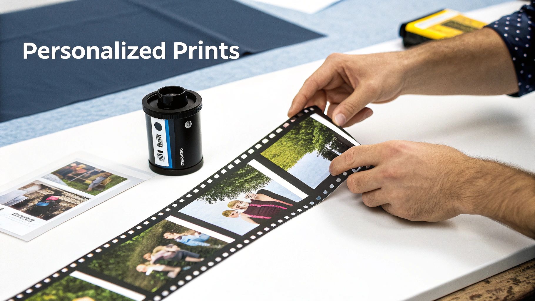Hands holding a custom photo film strip print on a white table with a black print dispenser.