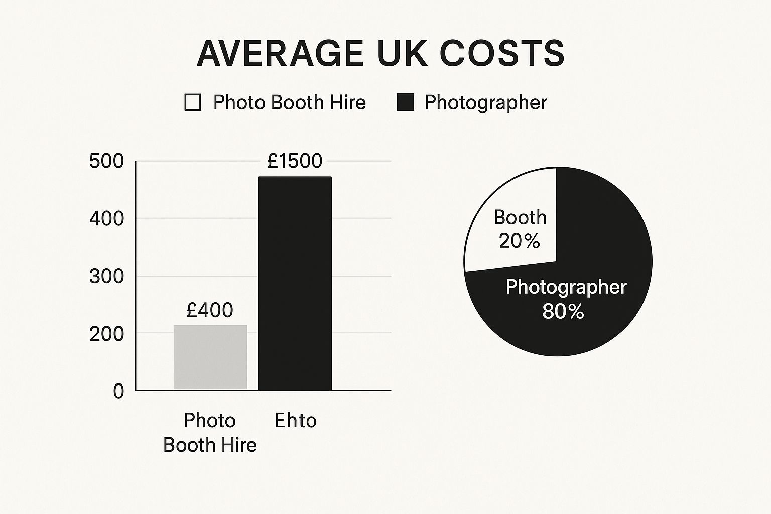 Infographic comparing the average UK cost of a photo booth hire (£400) versus a wedding photographer (£1500)