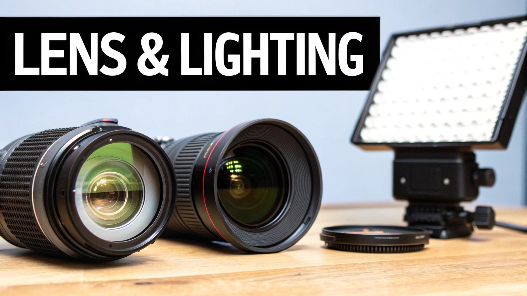Two camera lenses and an LED light panel on a wooden table with 'LENS & LIGHTING' text.