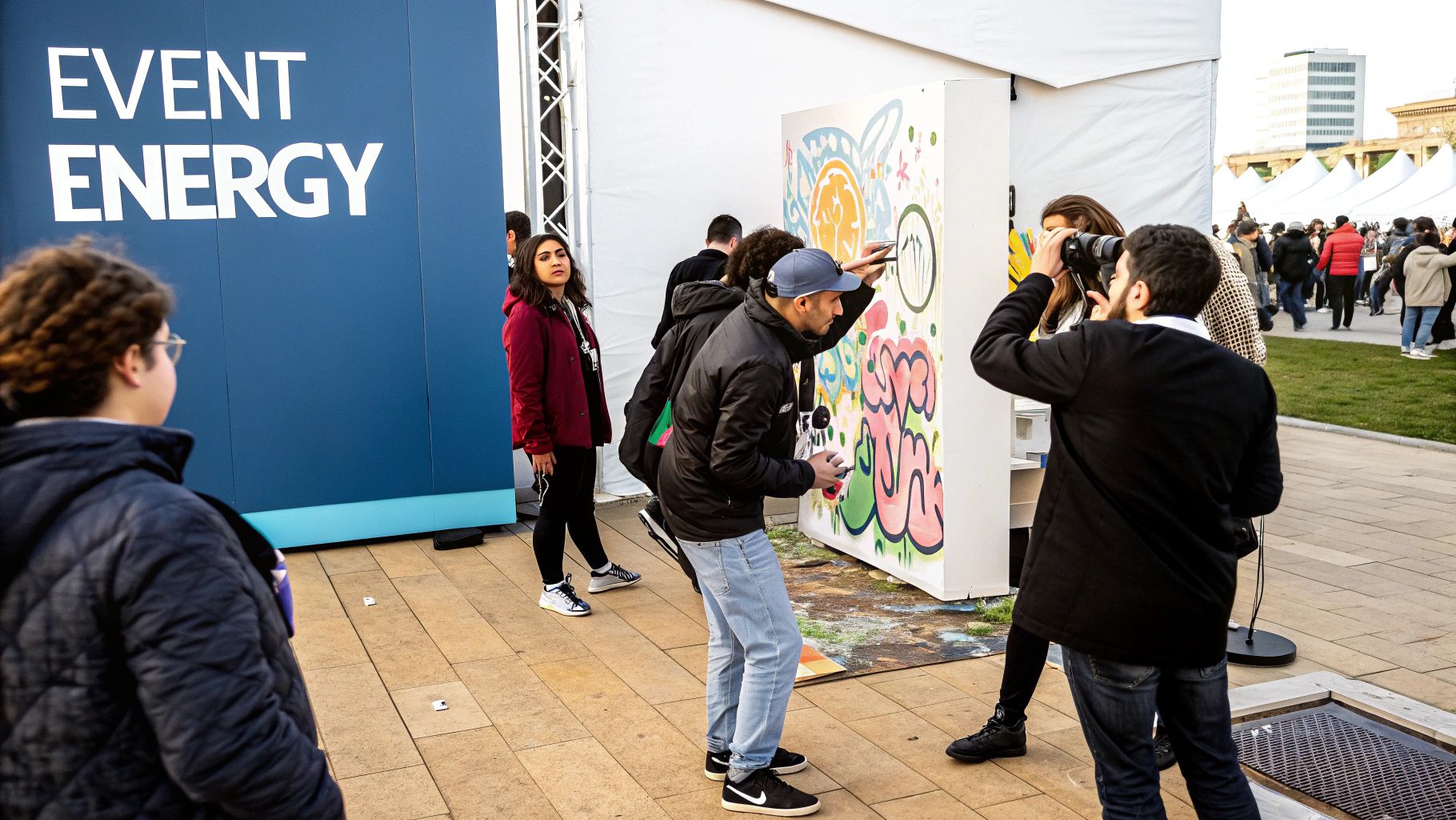 People engage in activities like painting and photography at an outdoor 'EVENT ENERGY' gathering.