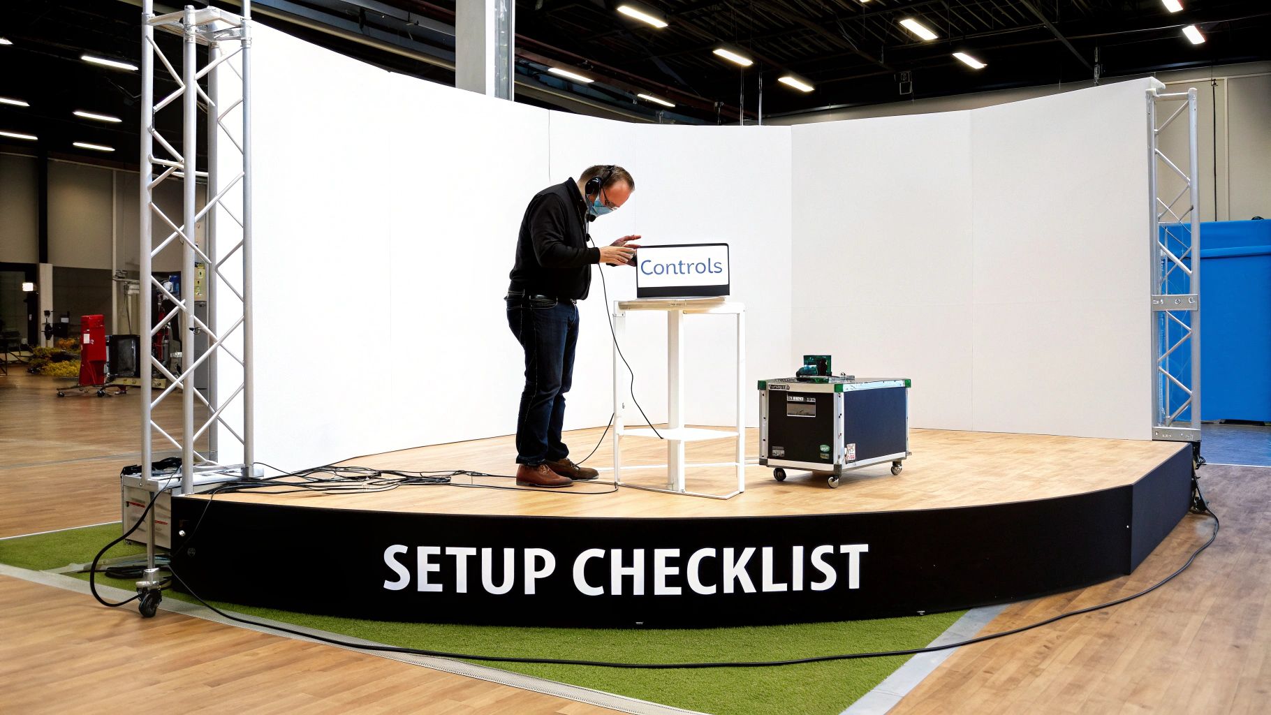 A man in a mask and headphones works on a laptop displaying "Controls" on a stage labeled "SETUP CHECKLIST".