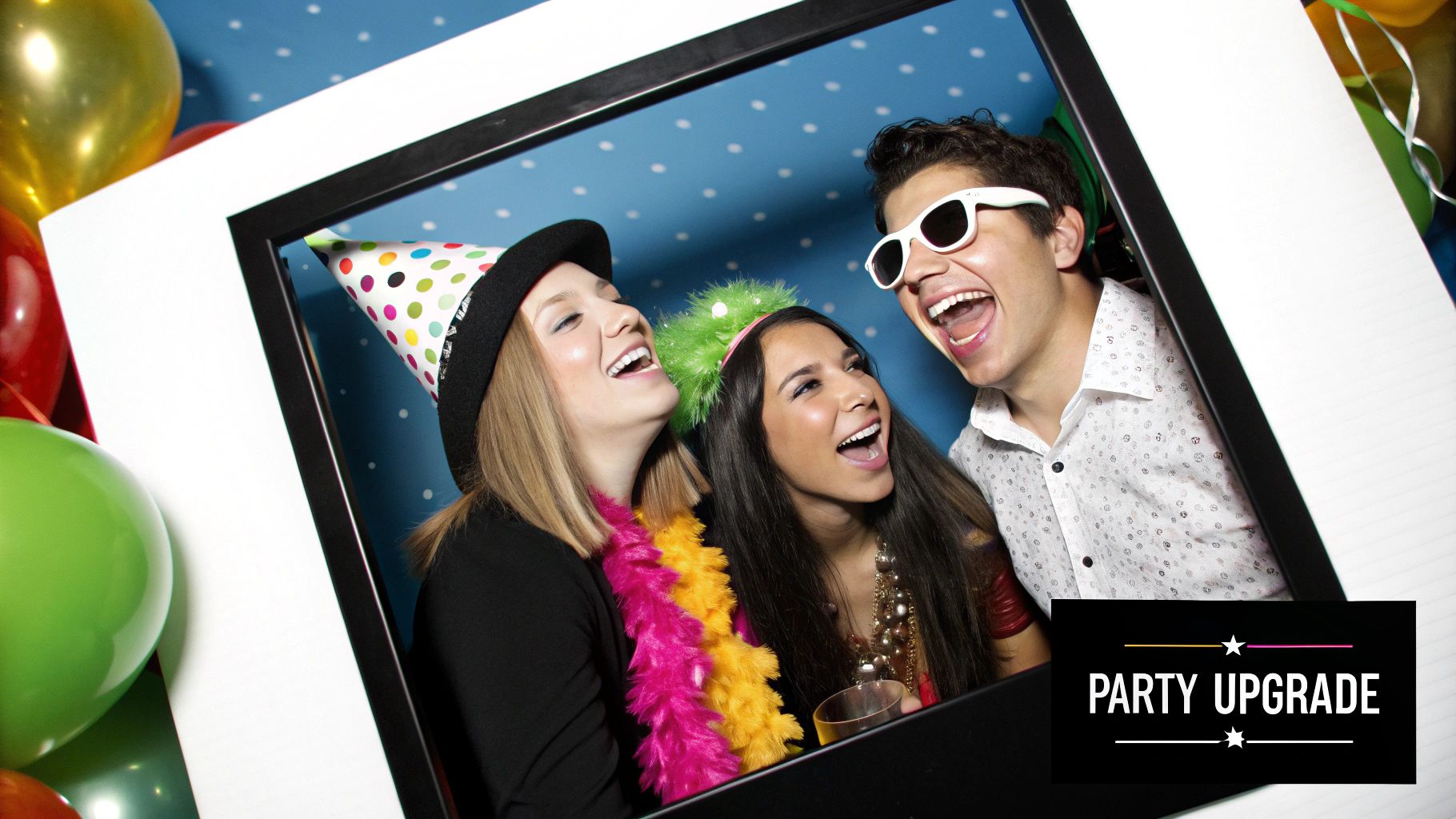 A stylish photo booth setup with a shimmering backdrop, capturing fun moments at a party.