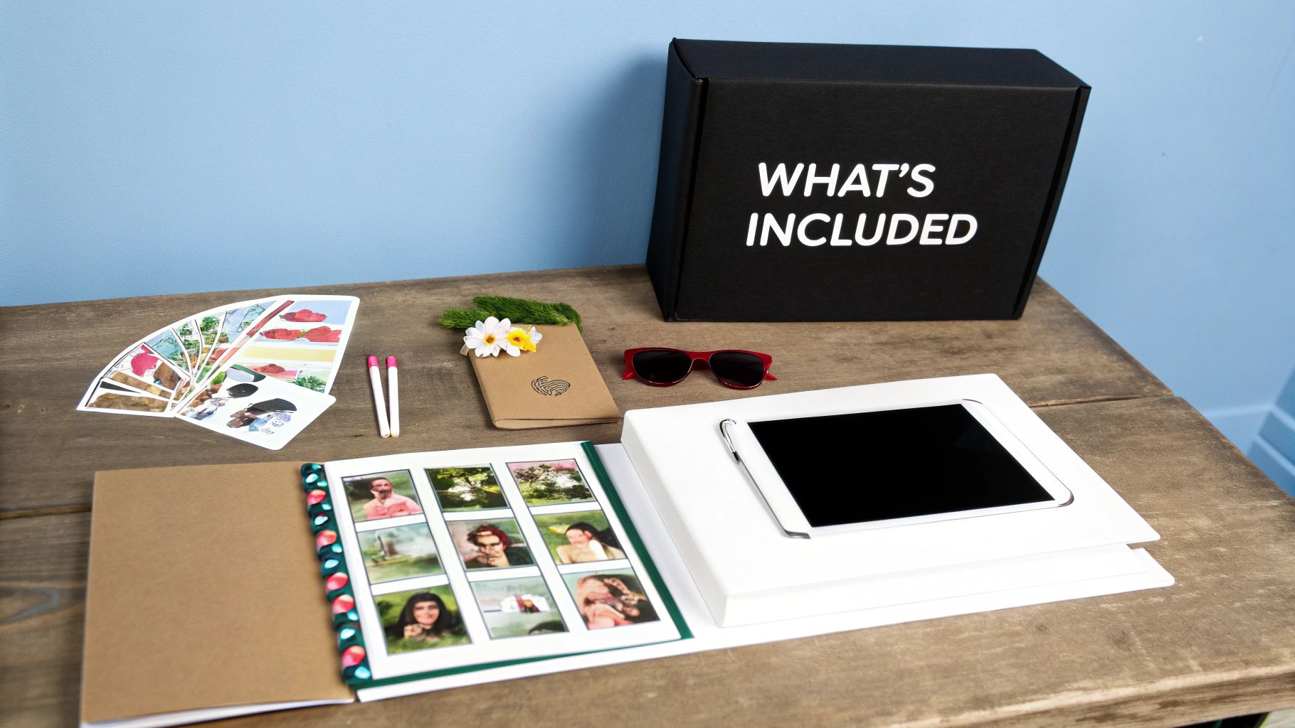 A flat lay of various items including a photo album, digital frame, photos, and accessories.