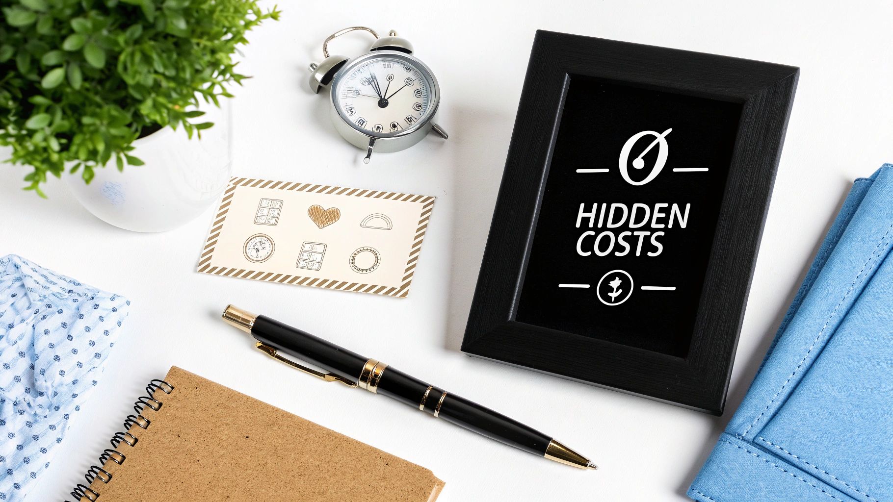 A desk flat lay with a black frame displaying '0 Hidden Costs', alongside an alarm clock, plant, notebook, and pen.