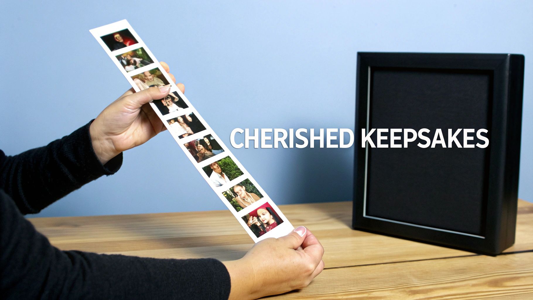 Hands hold a long strip of cherished photo booth pictures near a black display frame on a wooden table.