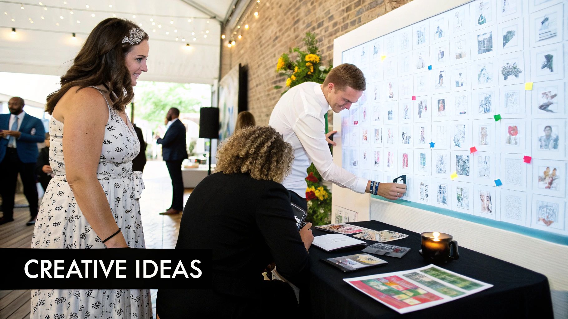 Event guests engaging with a creative idea board featuring numerous small artworks and colorful markers.