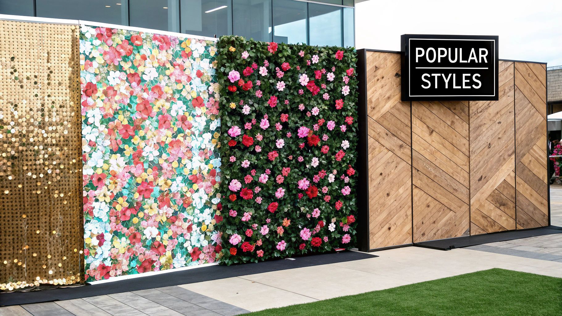 A stylish photo booth setup featuring a floral wall backdrop at an elegant event.