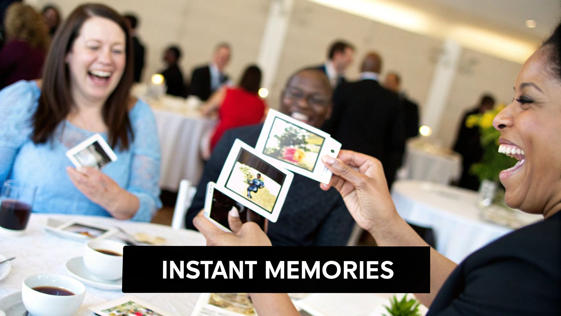 Happy people sharing laughter and memories with instant photos at a party.
