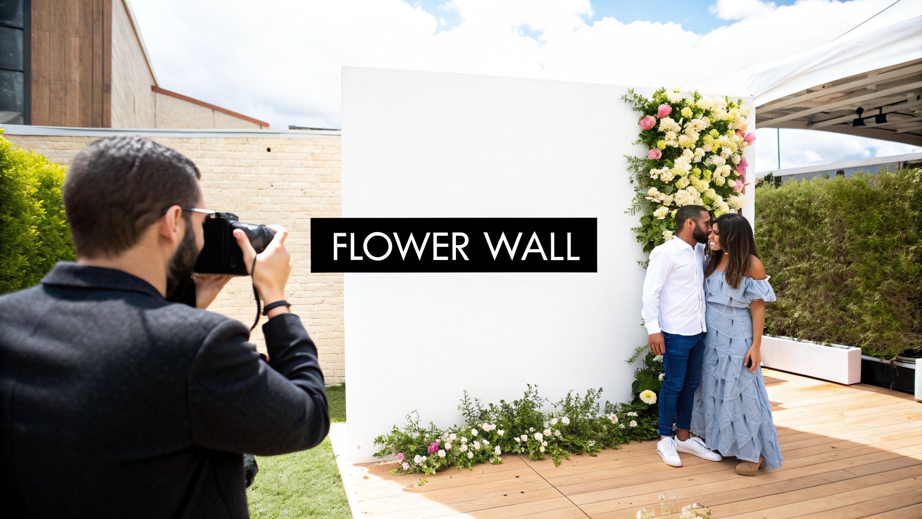 A photographer captures a loving couple posing in front of a beautiful white flower wall decorated with pink and yellow blooms.