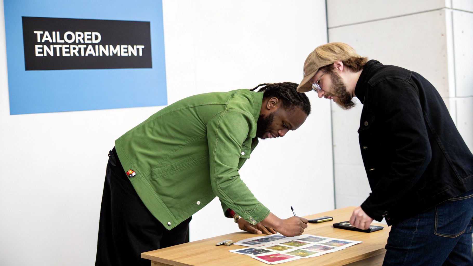 Two men at a wooden table, one signing papers with entertainment options, the other watching. A "Tailored Entertainment" sign is in the background.