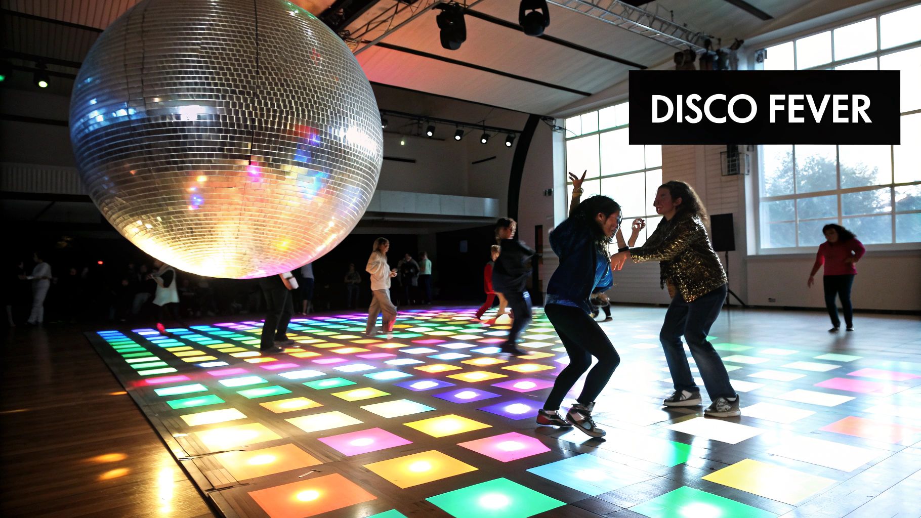 A 50th birthday party with a vibrant Studio 54 theme, featuring a dazzling silver sequin wall, neon lights, and a classic disco ball.