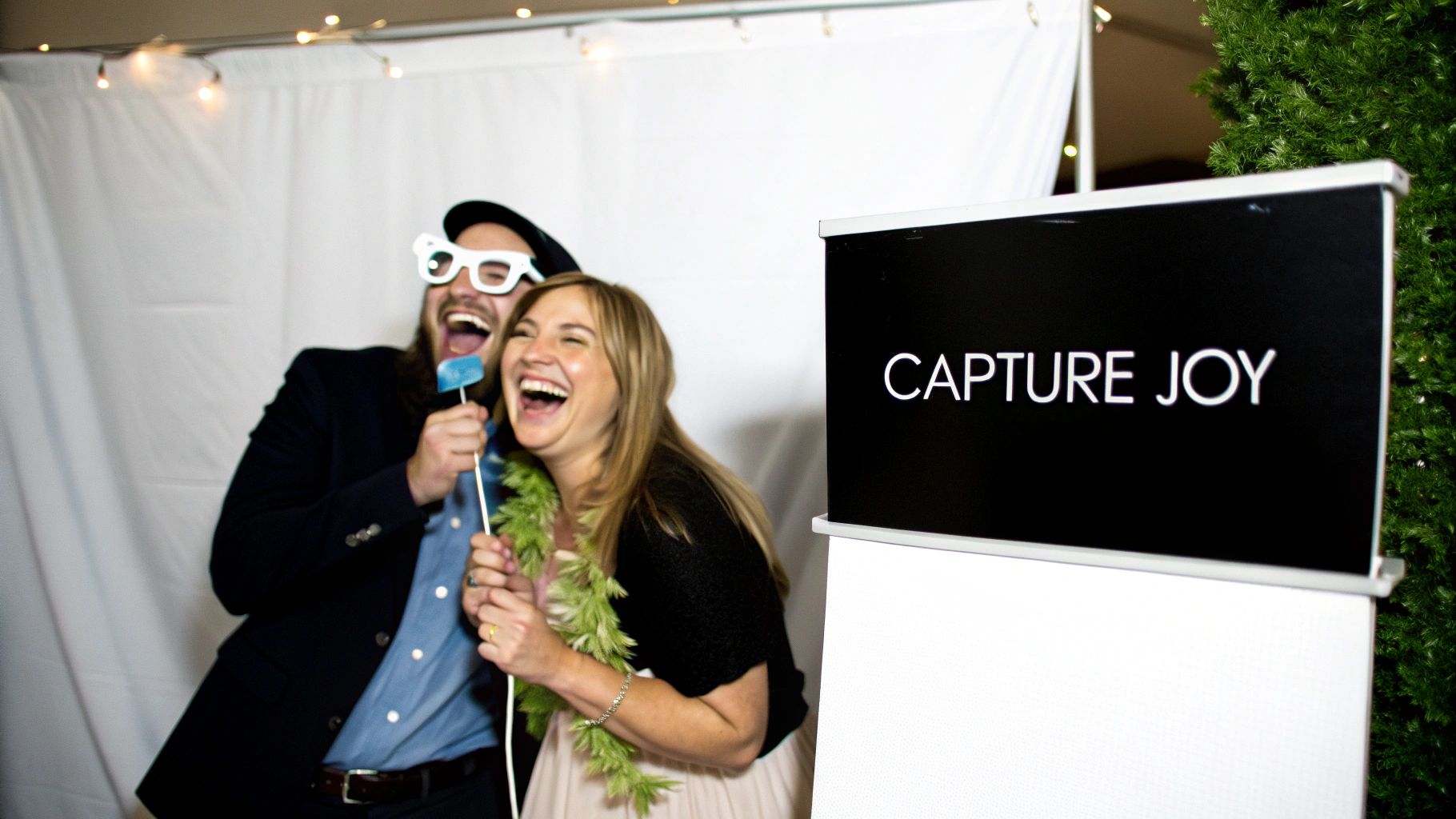 A happy couple laughing with photo booth props and a 'Capture Joy' sign at a wedding.