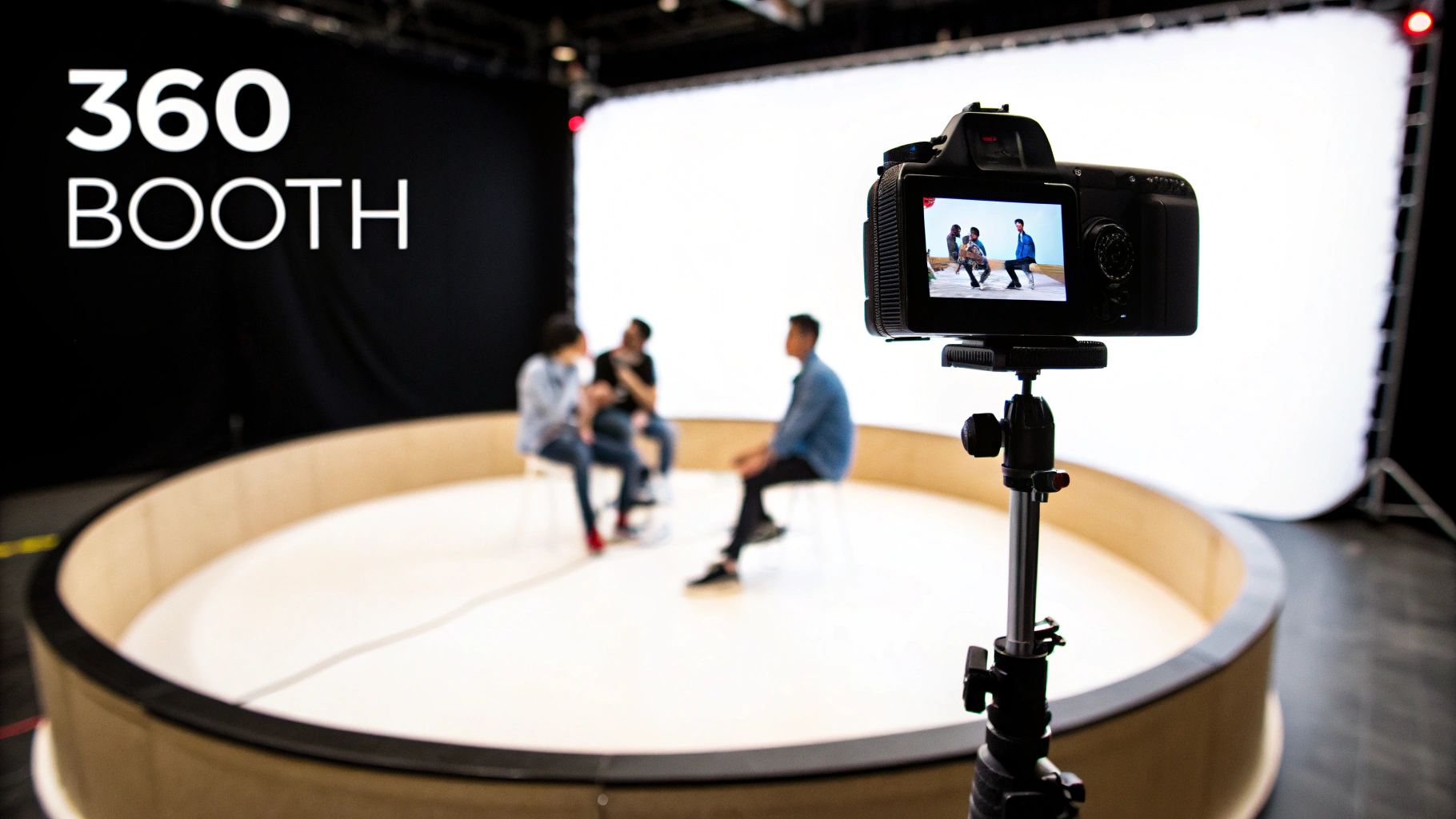 A 360 photo booth studio setup with a camera recording people on a circular platform.