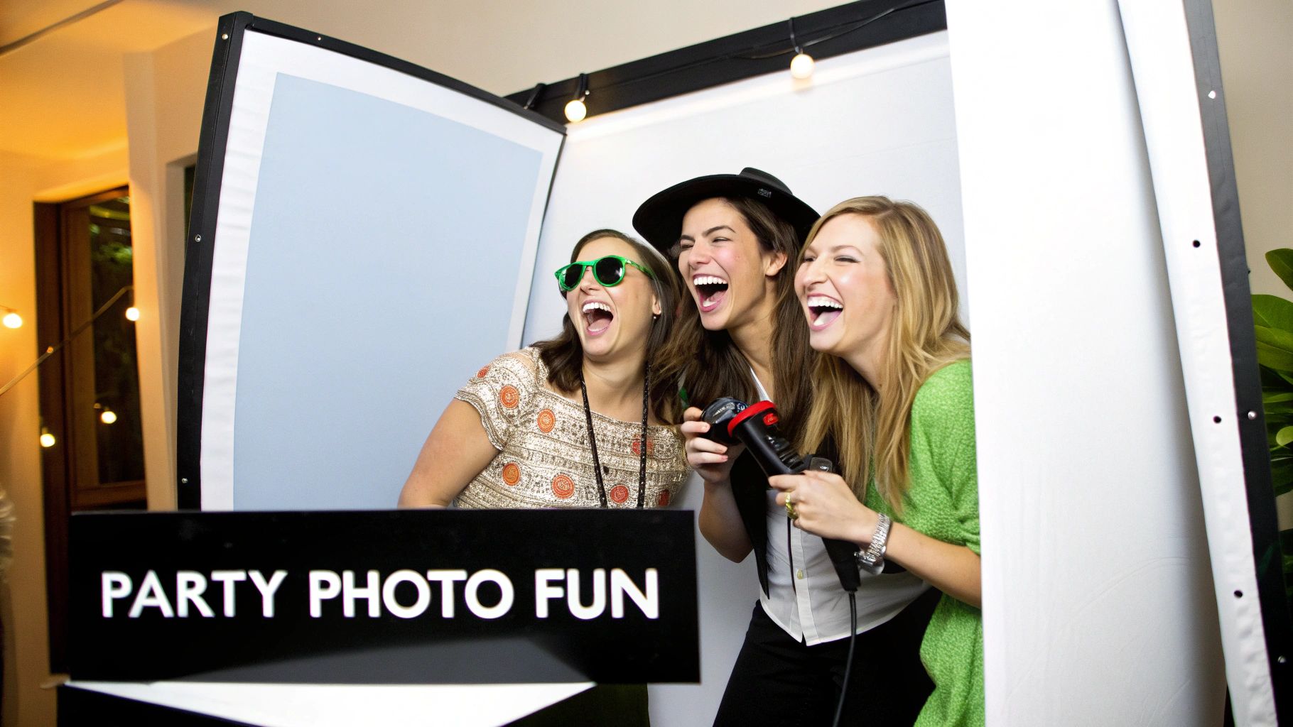 Guests having fun with props in a photo booth at a party