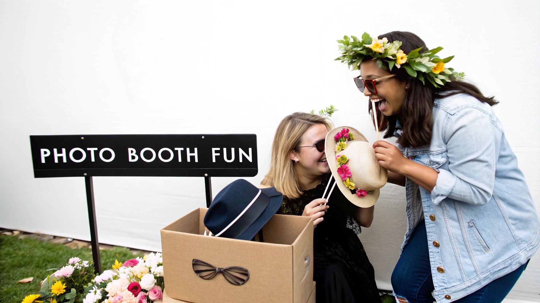 Two joyful women posing with fun props, including a flower crown and straw hats, at a photo booth.