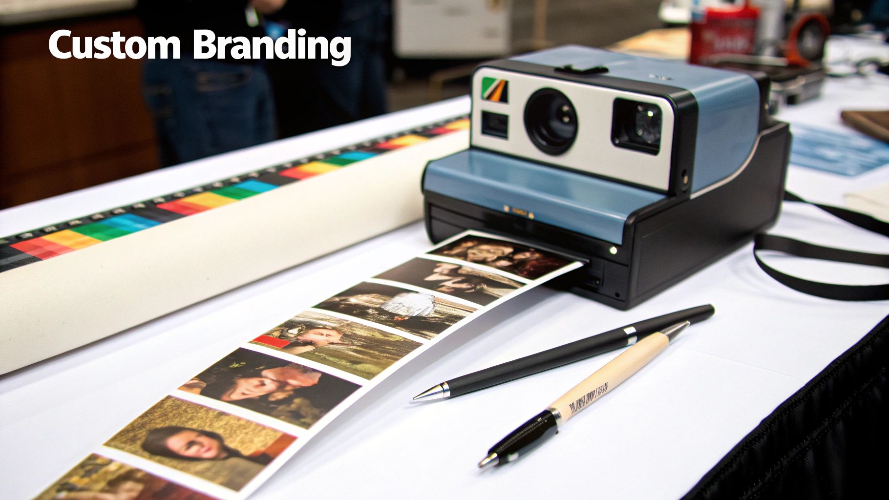 A retro instant camera prints a custom branded photo strip for an event.