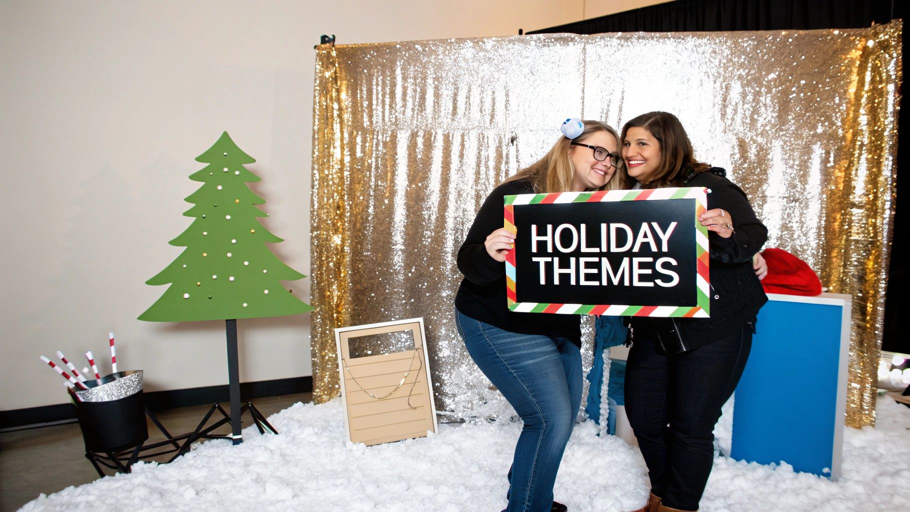 Two women smiling and holding a "HOLIDAY THEMES" sign in a festive Christmas photo booth.