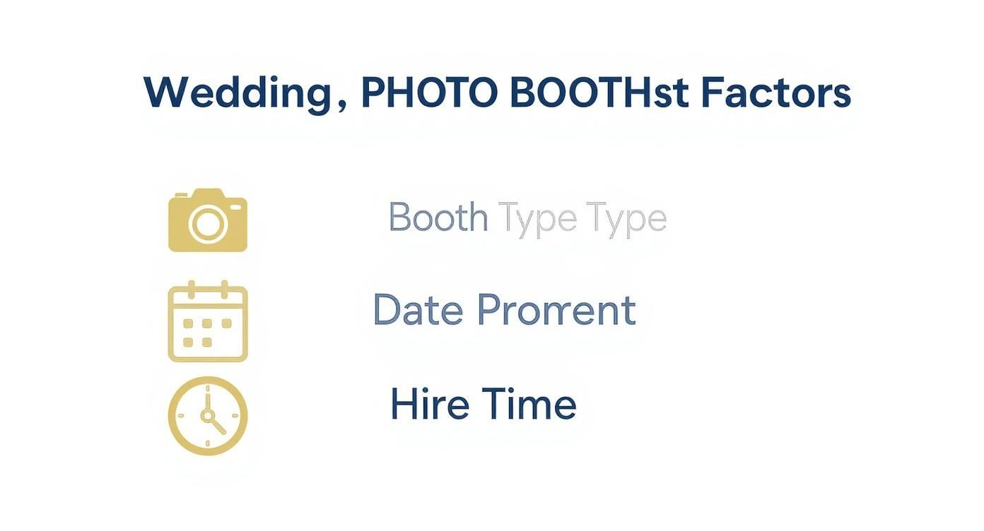 A list of wedding photo booth factors including booth type, date, and hire time with icons.