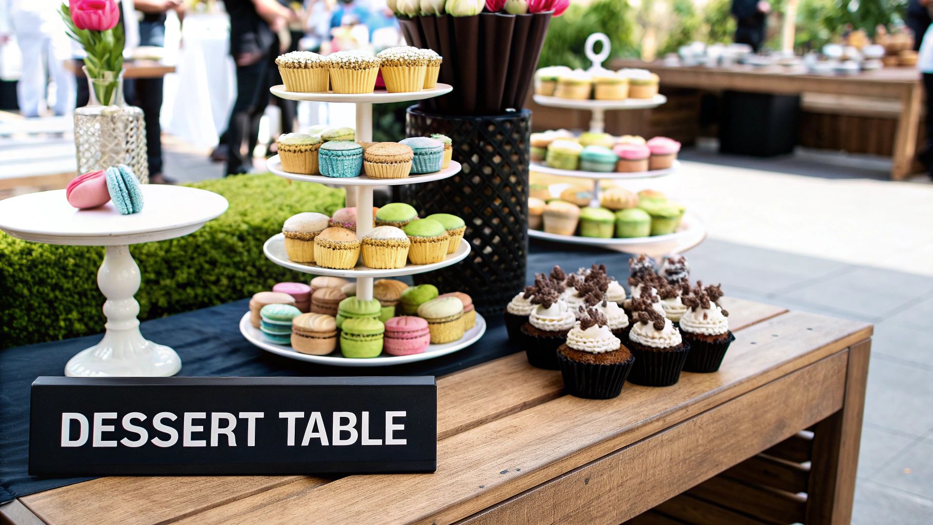 A beautiful dessert table with a variety of cakes, macarons, and sweets, artfully arranged with floral decorations.