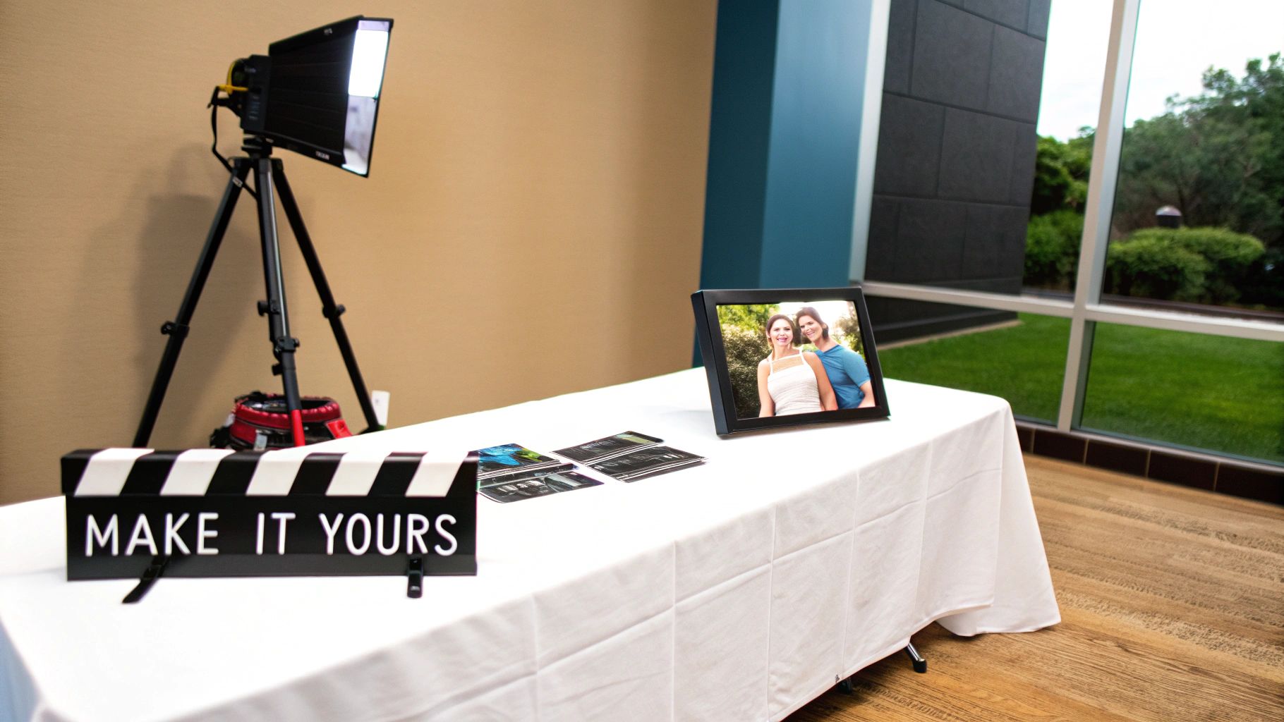 A couple signs a contract at a desk, planning their wedding photo booth rental.