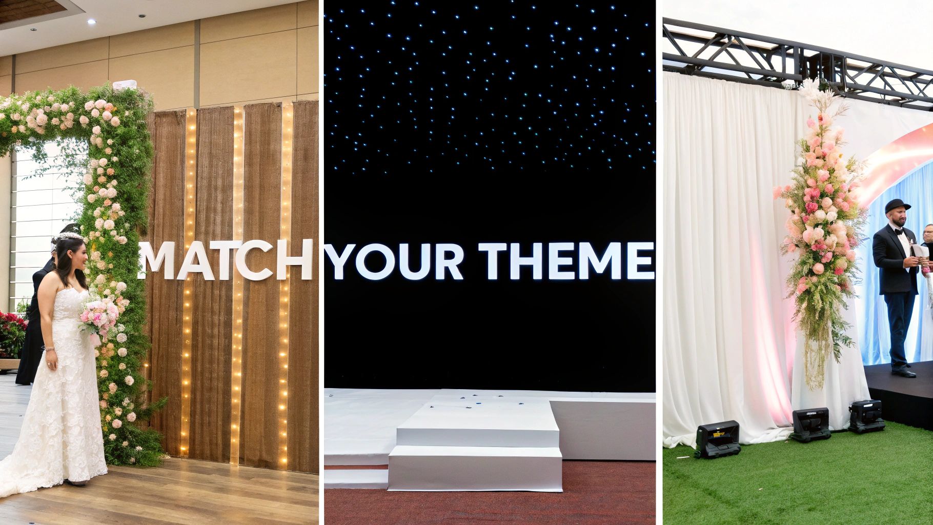 Diverse event backdrops: a bride by a floral arch, a starry digital screen, and a lush flower-decorated stage.