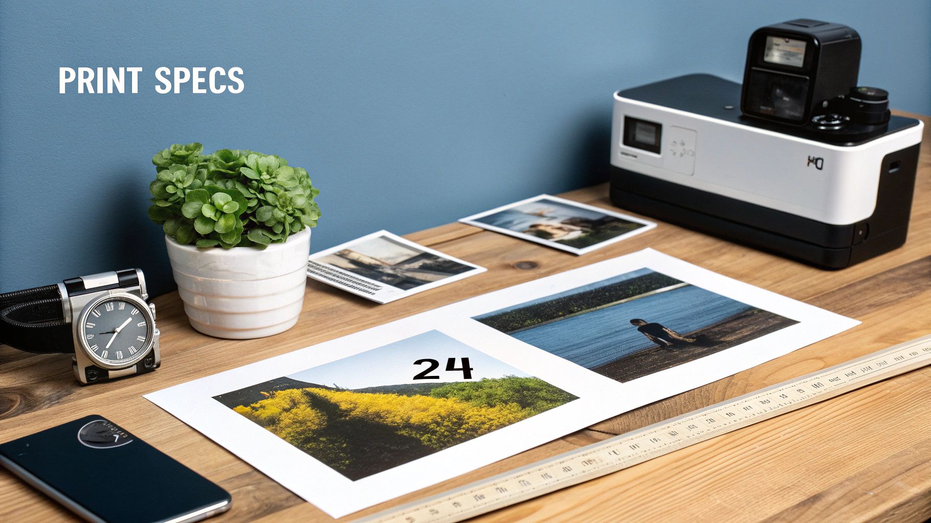 A photo printer and prints on a wooden desk, along with a watch, plant, and ruler.