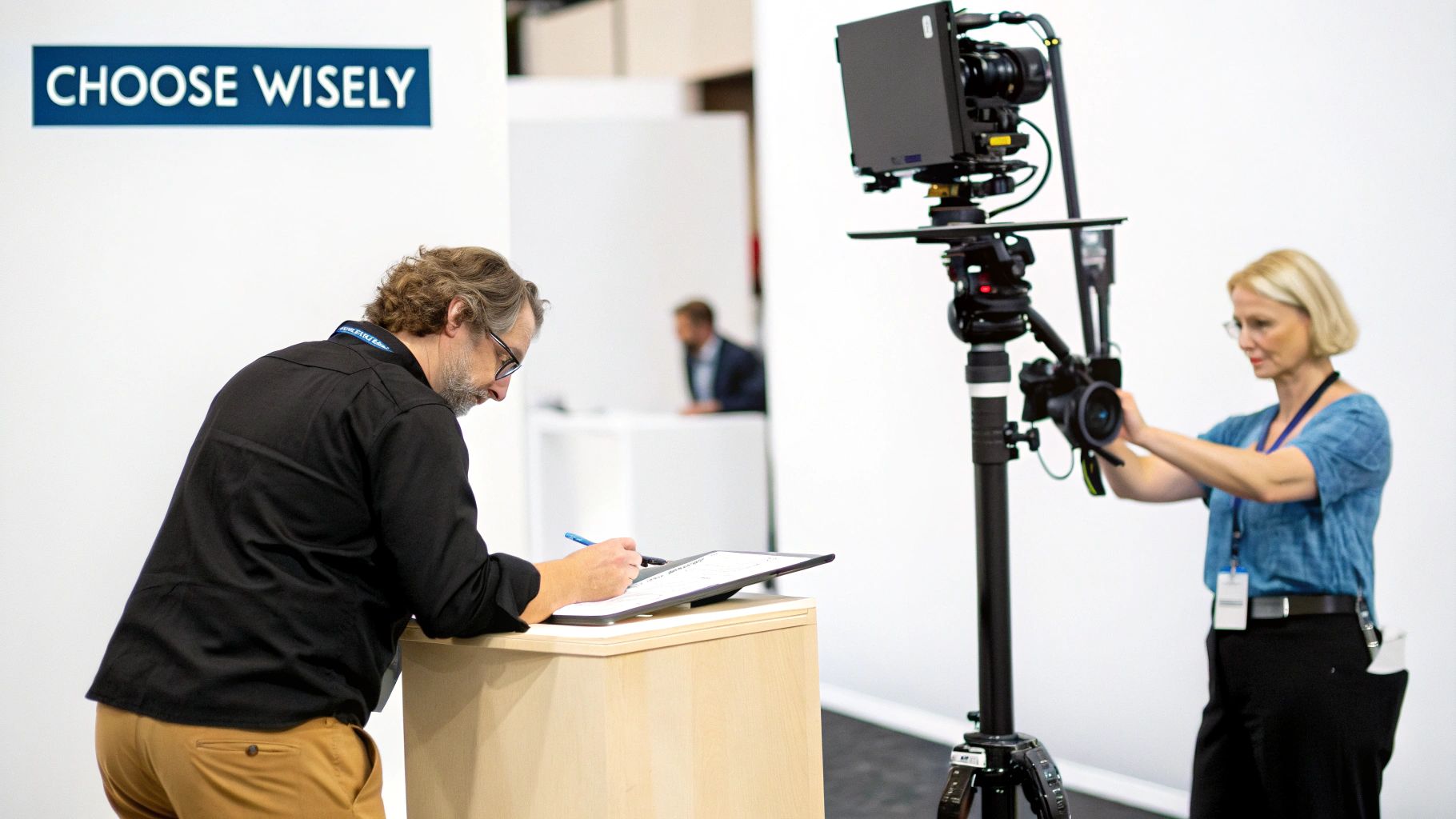 A 360 degree video booth in action at a stylish event.