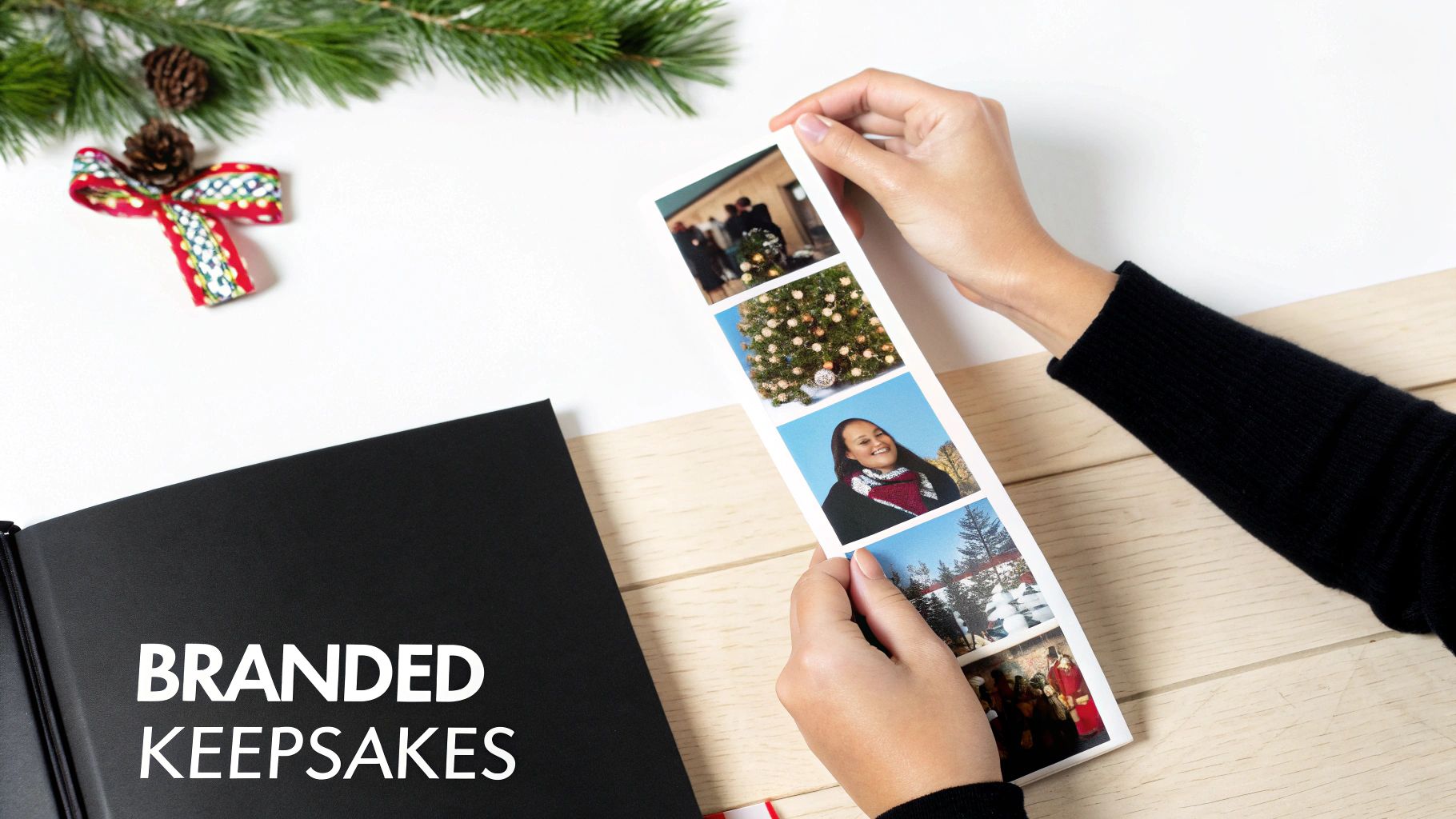 A person holds a Christmas-themed photo booth strip with a branded keepsakes book and holiday decorations.