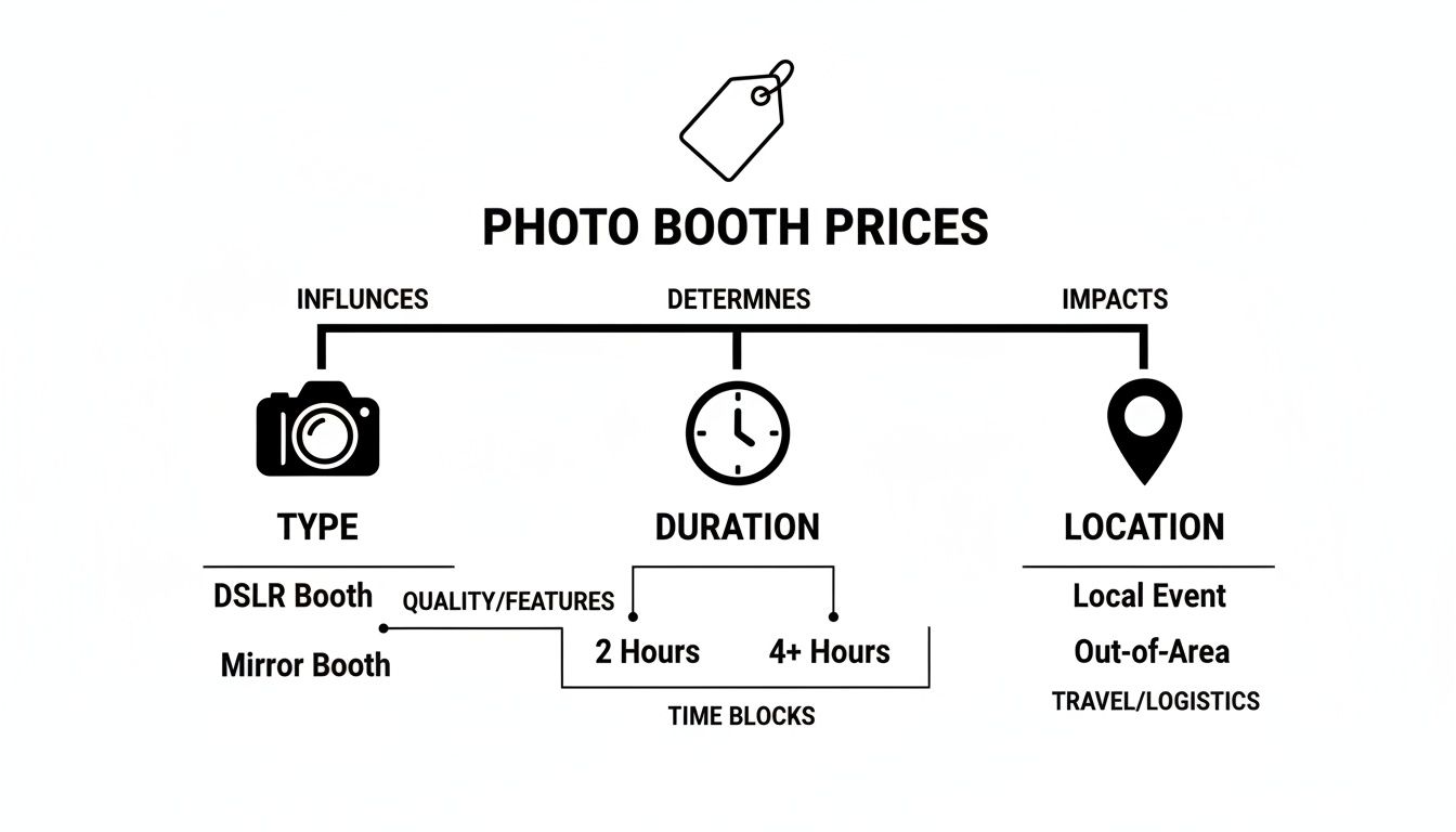 Diagram outlining factors that influence photo booth rental prices, including type, duration, and location.