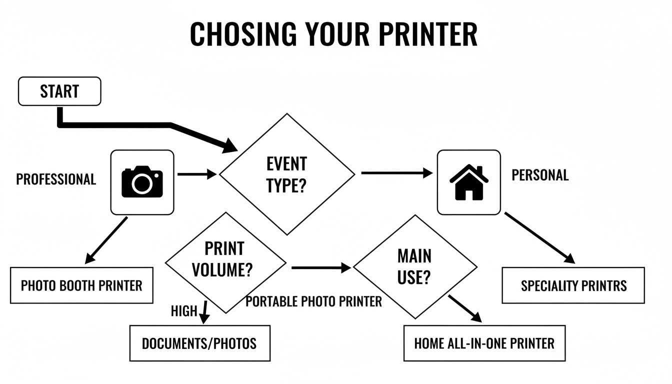 A flowchart guiding users on choosing a printer for professional or personal use based on event type.