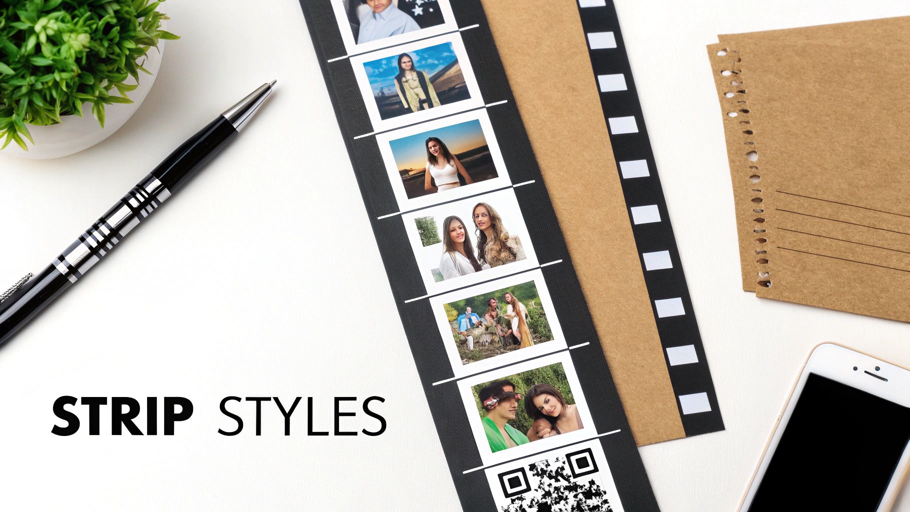 Overhead shot of a black photo strip with various pictures, a pen, plant, notebook, and smartphone on a white desk.