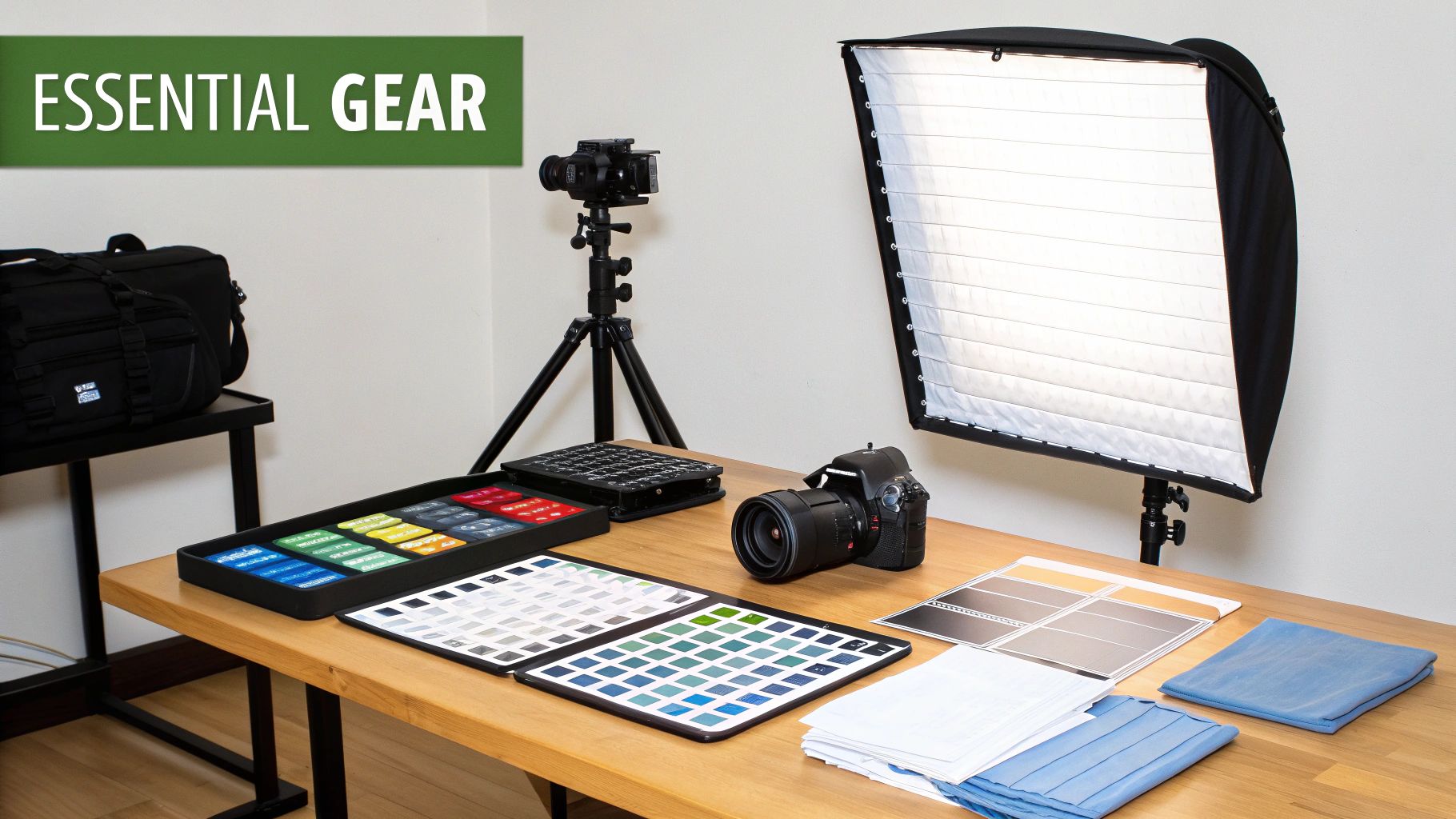 A collection of essential photography gear, including cameras, lighting, color charts, and accessories, laid out on a wooden table.