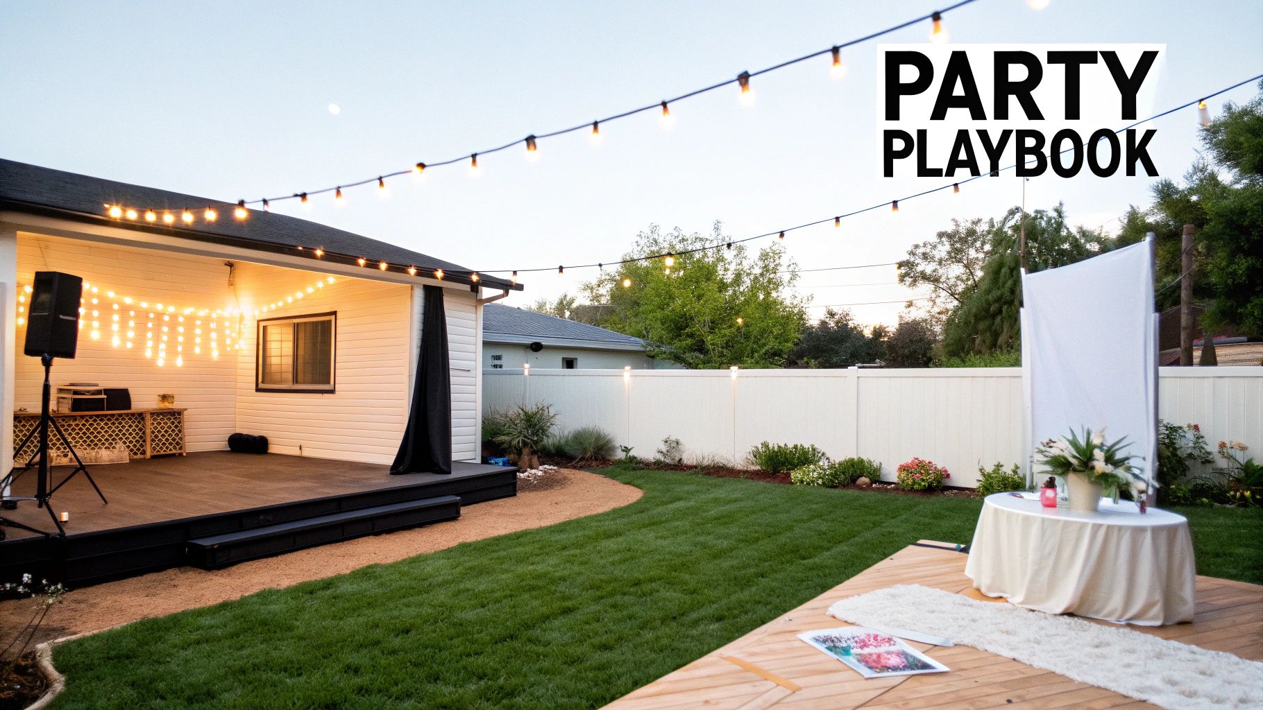 A backyard transformed into a party venue with string lights, a stage, speaker, and projection screen at dusk.