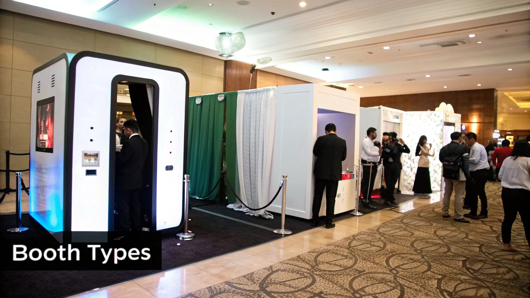 Different types of modern photo booths set up for an event