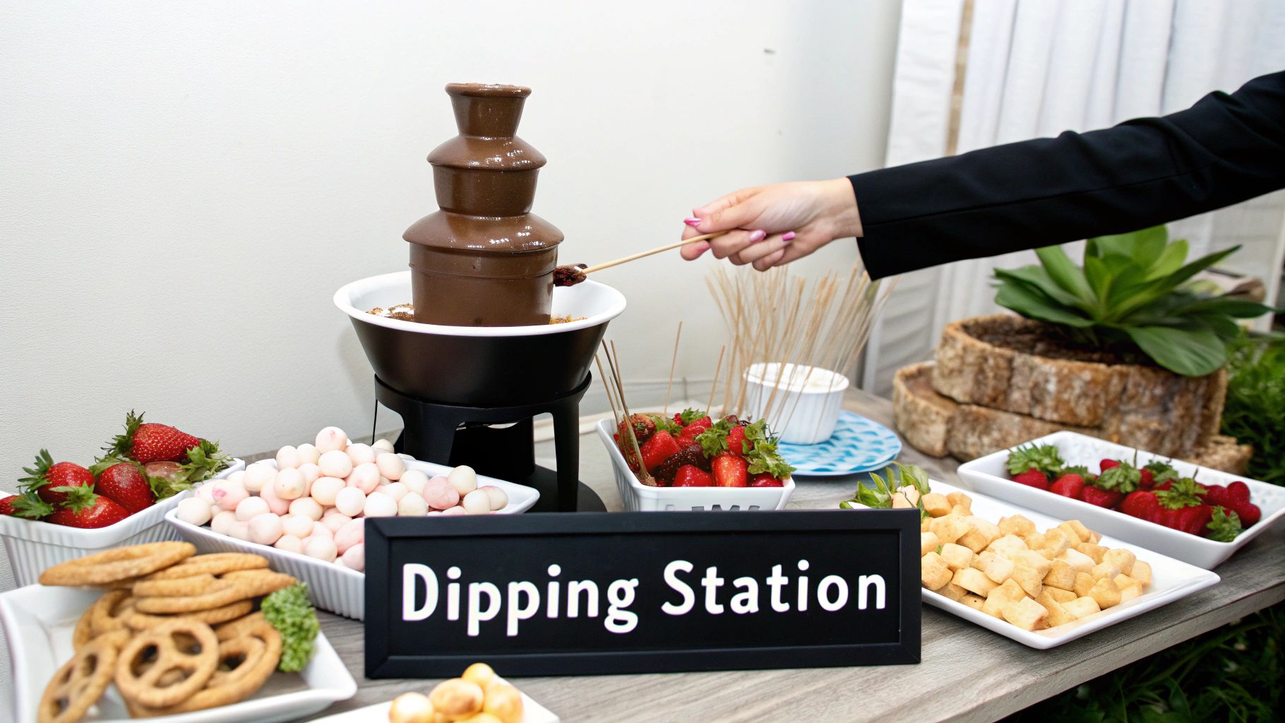 A hand dips a treat into a chocolate fountain surrounded by strawberries, marshmallows, pretzels, and other dippers.