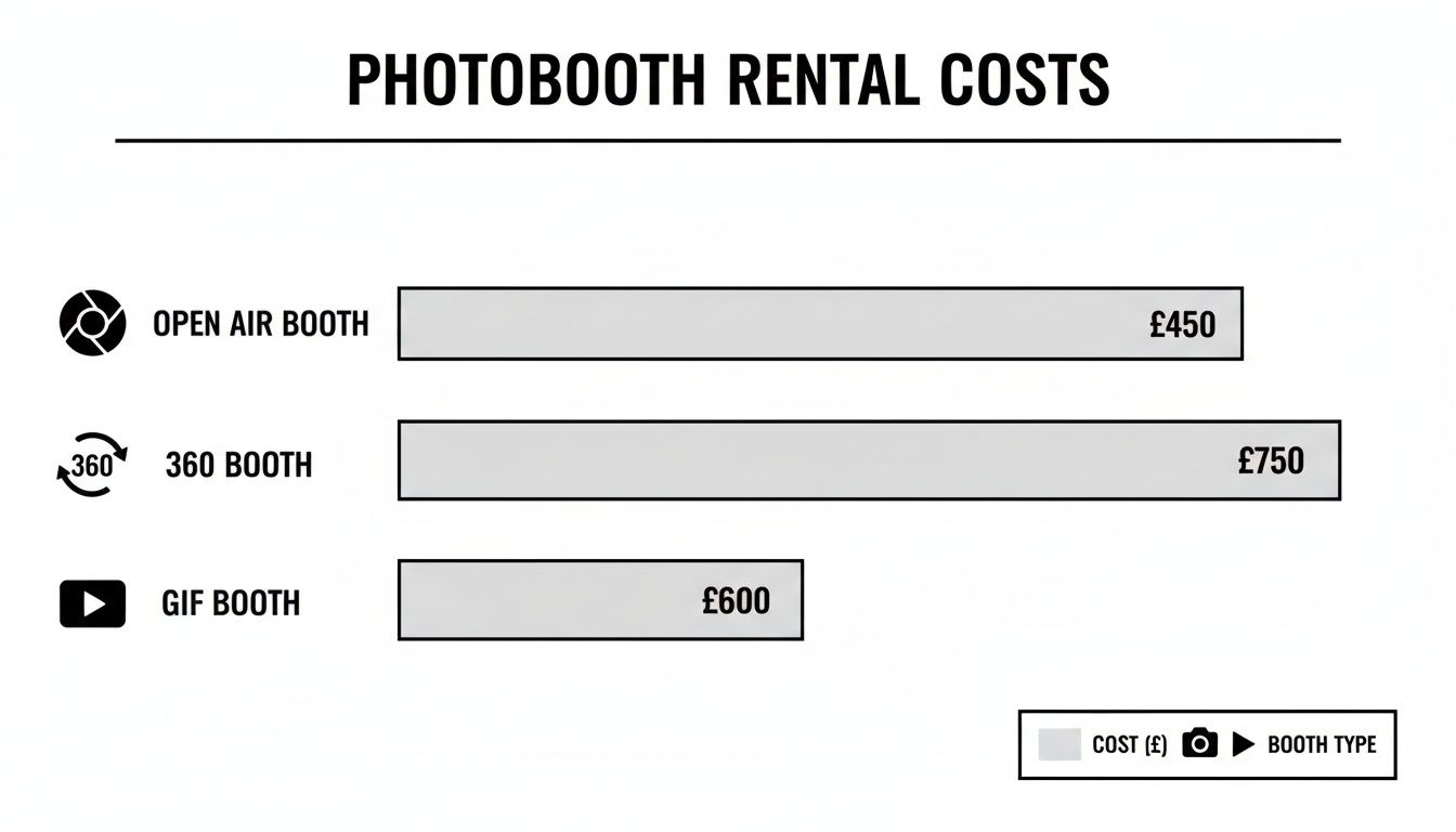 A bar chart illustrating photobooth rental costs for Open Air, 360, and GIF booth types.