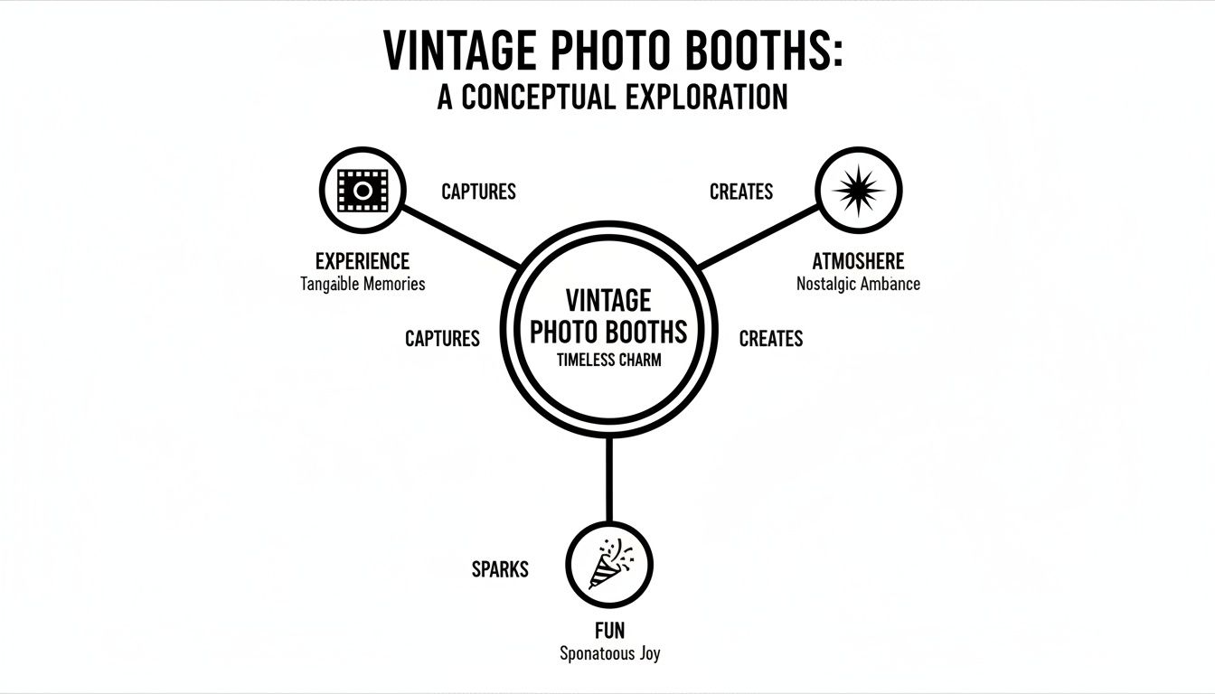 A conceptual diagram illustrating how vintage photo booths capture experience, create atmosphere, and spark fun.