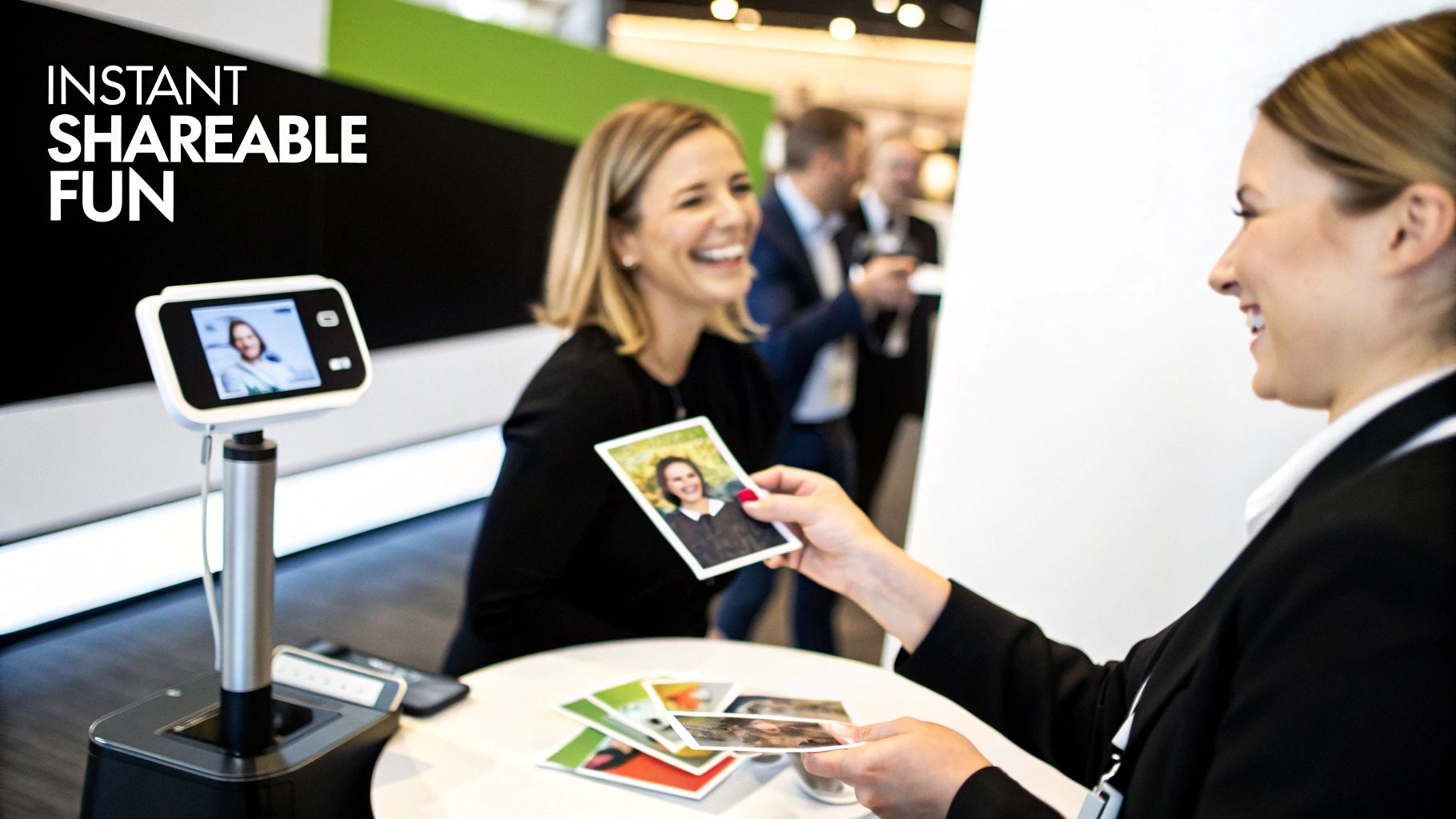 Happy women at an event interacting with a sleek photo booth, sharing instant photo prints.