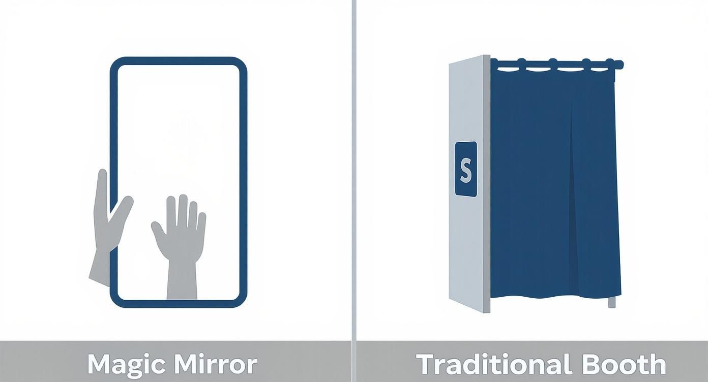 Illustration comparing a magic mirror photo booth with a traditional enclosed photo booth design.